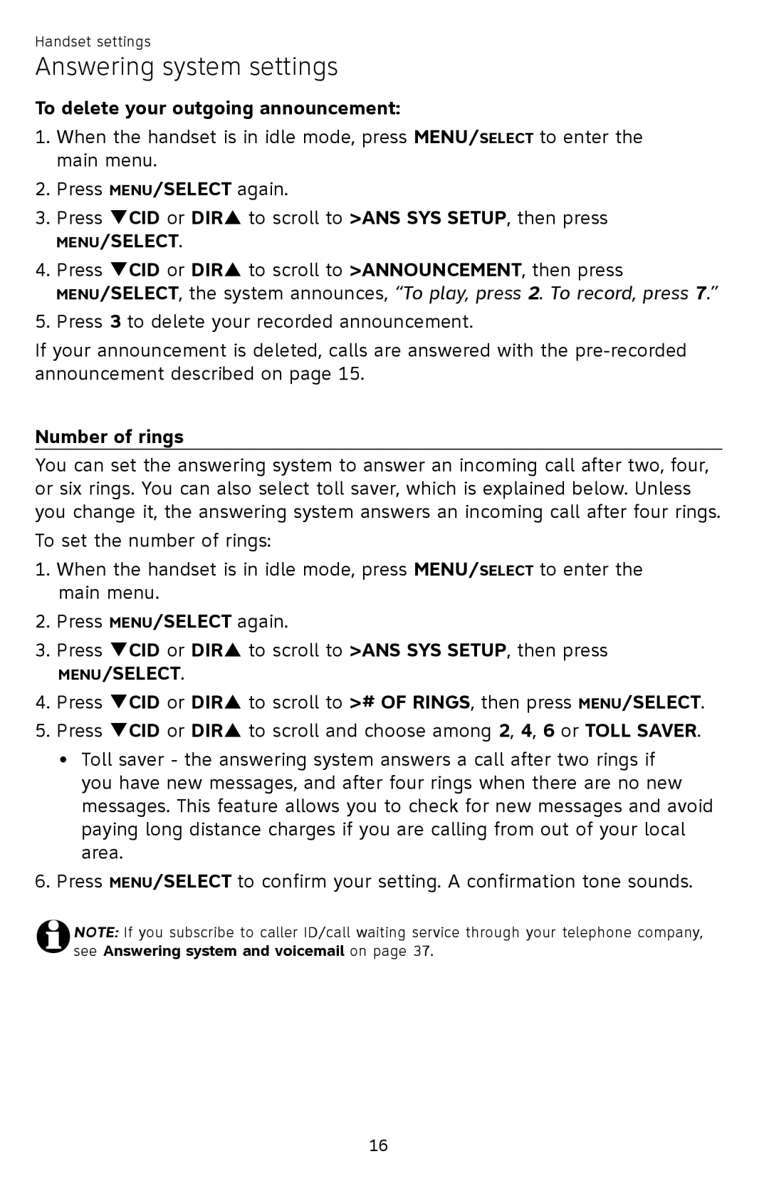 AT&T EL52259, EL52409, EL52459, EL52419, EL52209, EL52309 user manual To delete your outgoing announcement, Number of rings 