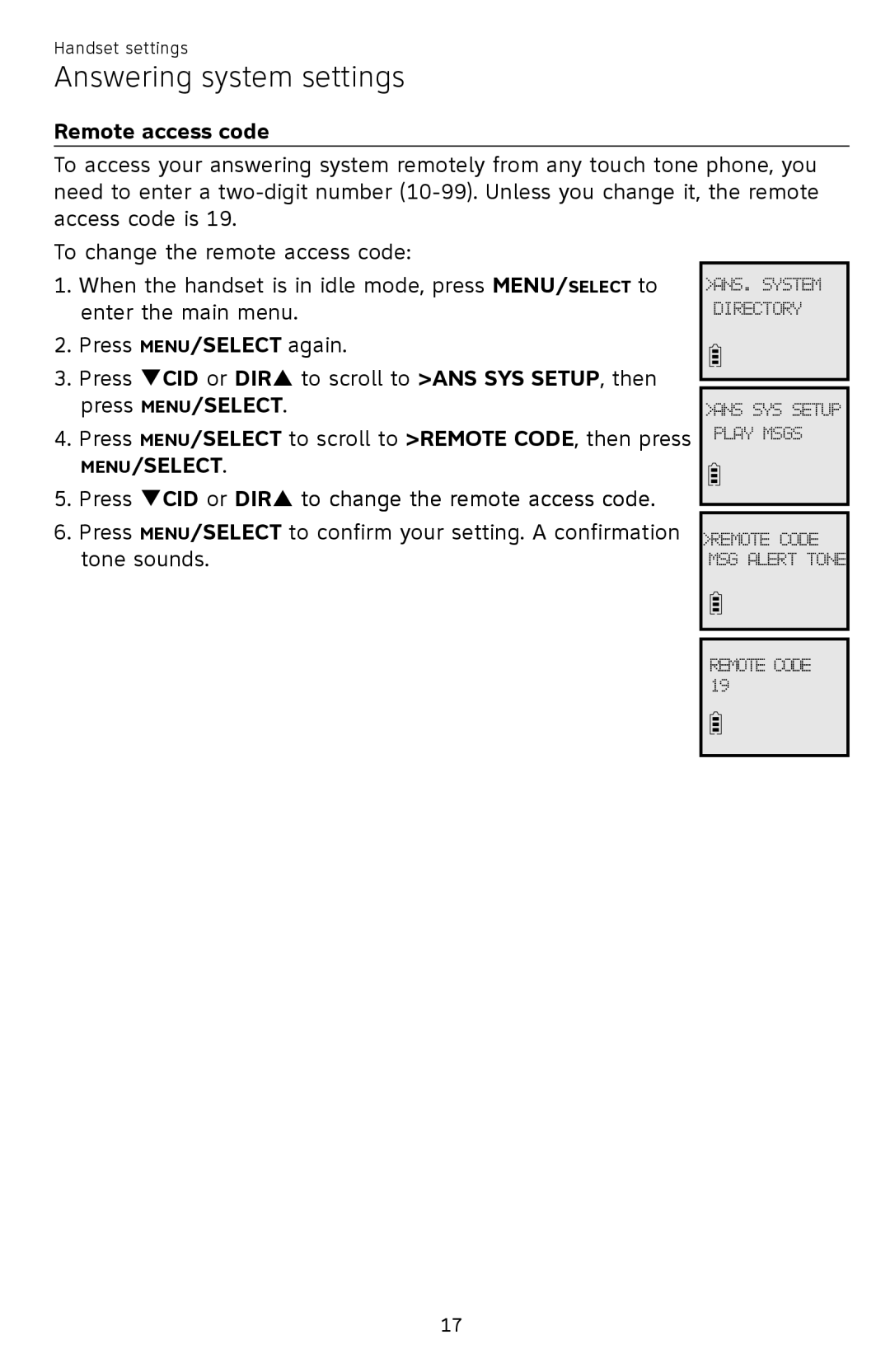 AT&T EL52209, EL52409, EL52459, EL52419, EL52259 Remote access code, Press qCID or DIRp to change the remote access code 