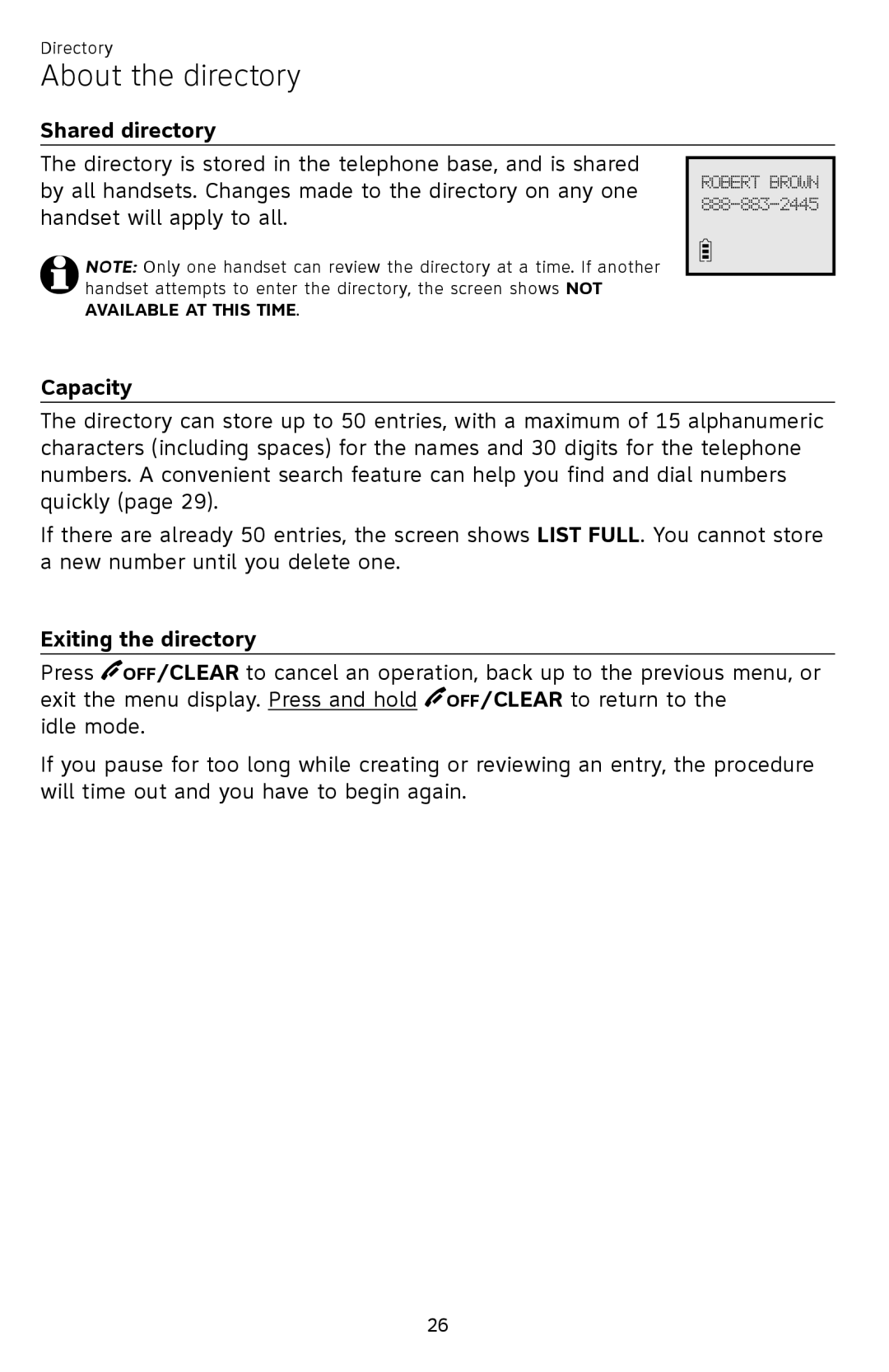 AT&T EL52459, EL52409, EL52419, EL52259, EL52209 About the directory, Shared directory, Capacity, Exiting the directory 