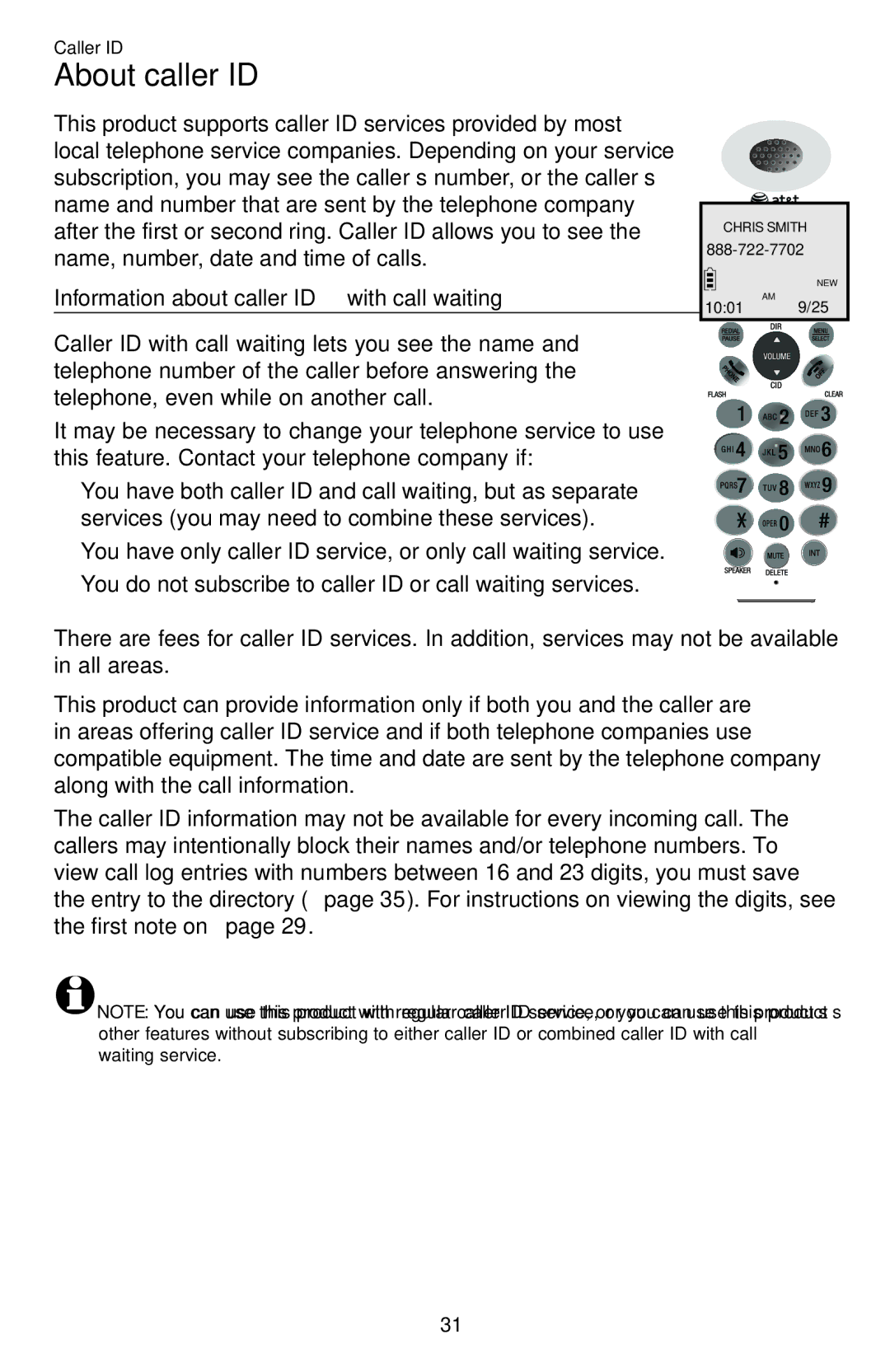 AT&T EL52409, EL52459, EL52419, EL52259, EL52209, EL52309 About caller ID, Information about caller ID with call waiting 