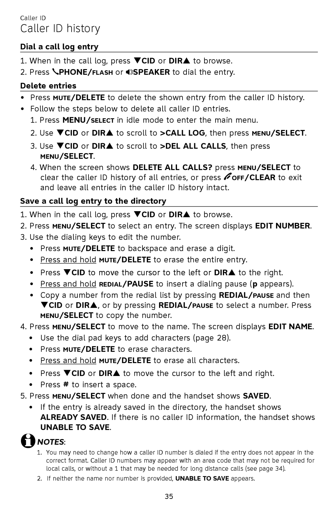 AT&T EL52209, EL52409 Dial a call log entry, Delete entries, Save a call log entry to the directory, Unable to Save 