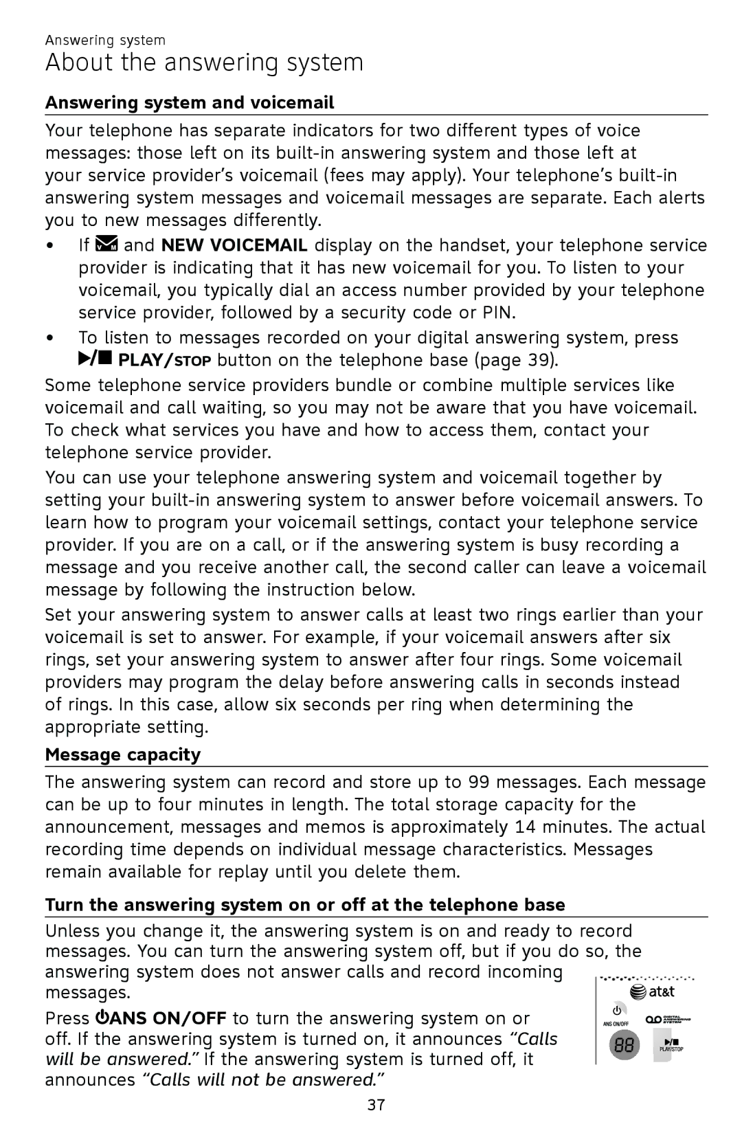 AT&T EL52409, EL52459, EL52419, EL52259, EL52209 About the answering system, Answering system and voicemail, Message capacity 