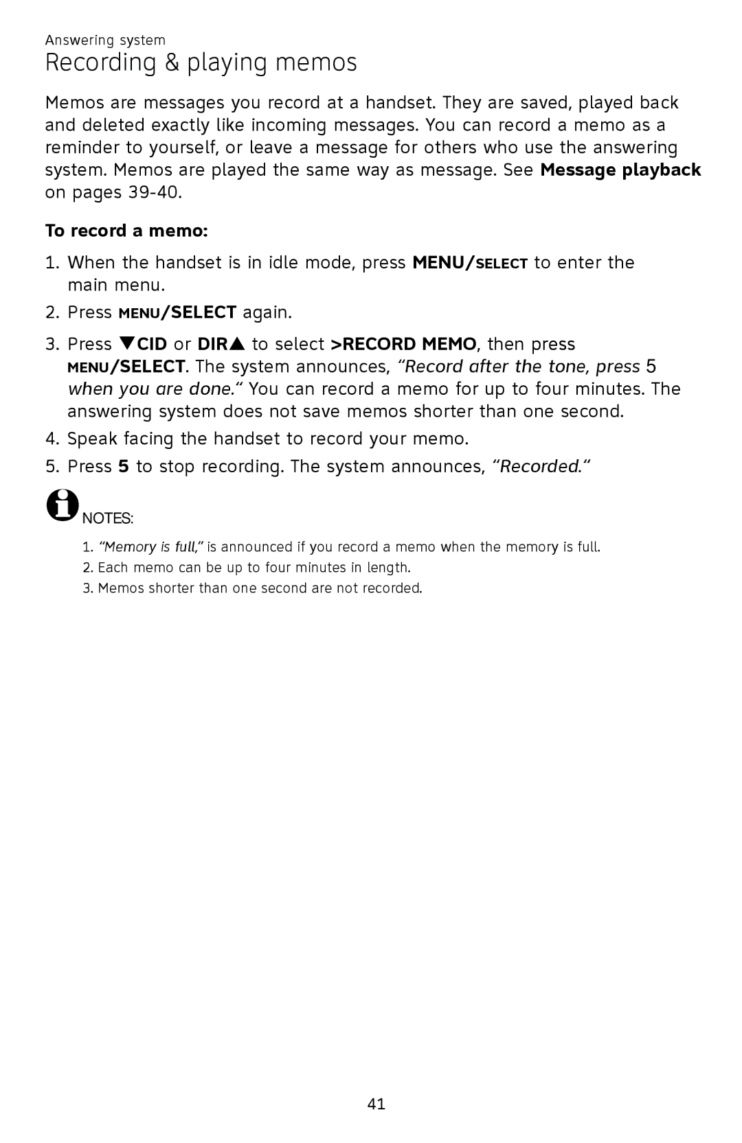 AT&T EL52209, EL52409, EL52459, EL52419, EL52259, EL52309 user manual Recording & playing memos, To record a memo 