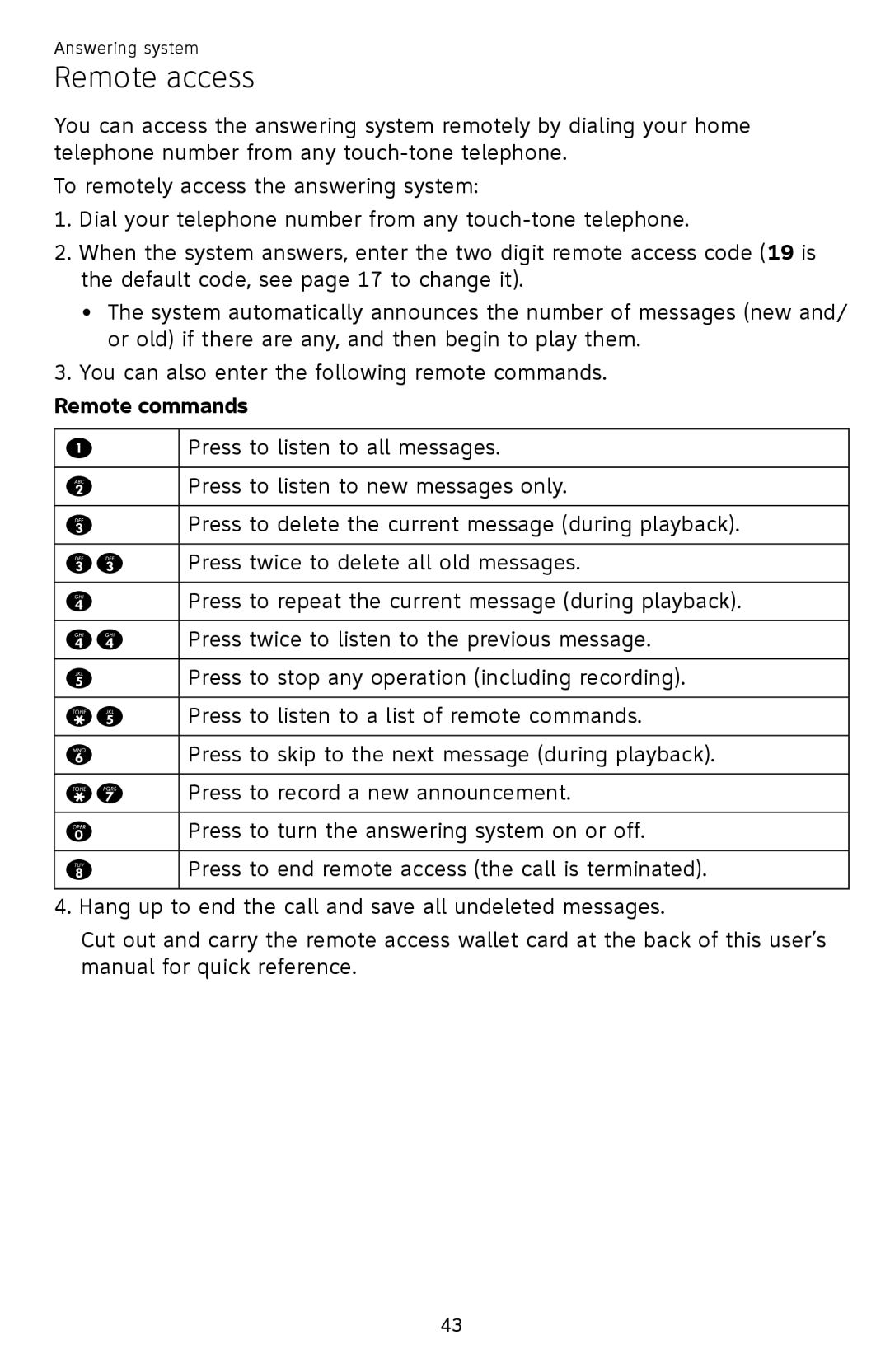 AT&T EL52409, EL52459, EL52419, EL52259, EL52209, EL52309 user manual Remote access, Remote commands 