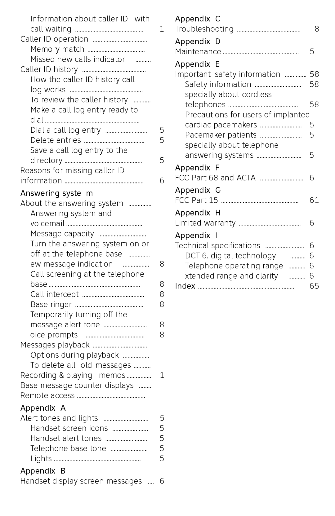 AT&T EL52309, EL52409 Answering system, Appendix a, Appendix B, Appendix C, Appendix D, Appendix E, Appendix F, Appendix G 