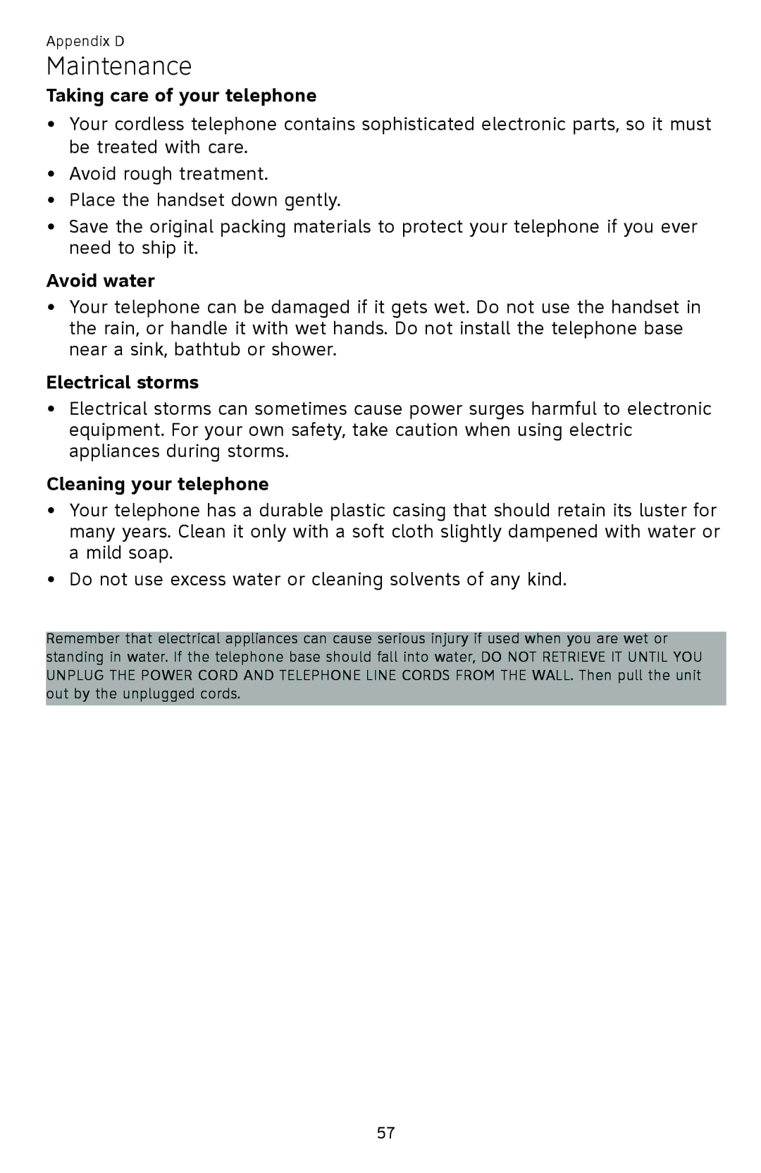 AT&T EL52419, EL52409 Maintenance, Taking care of your telephone, Avoid water, Electrical storms, Cleaning your telephone 