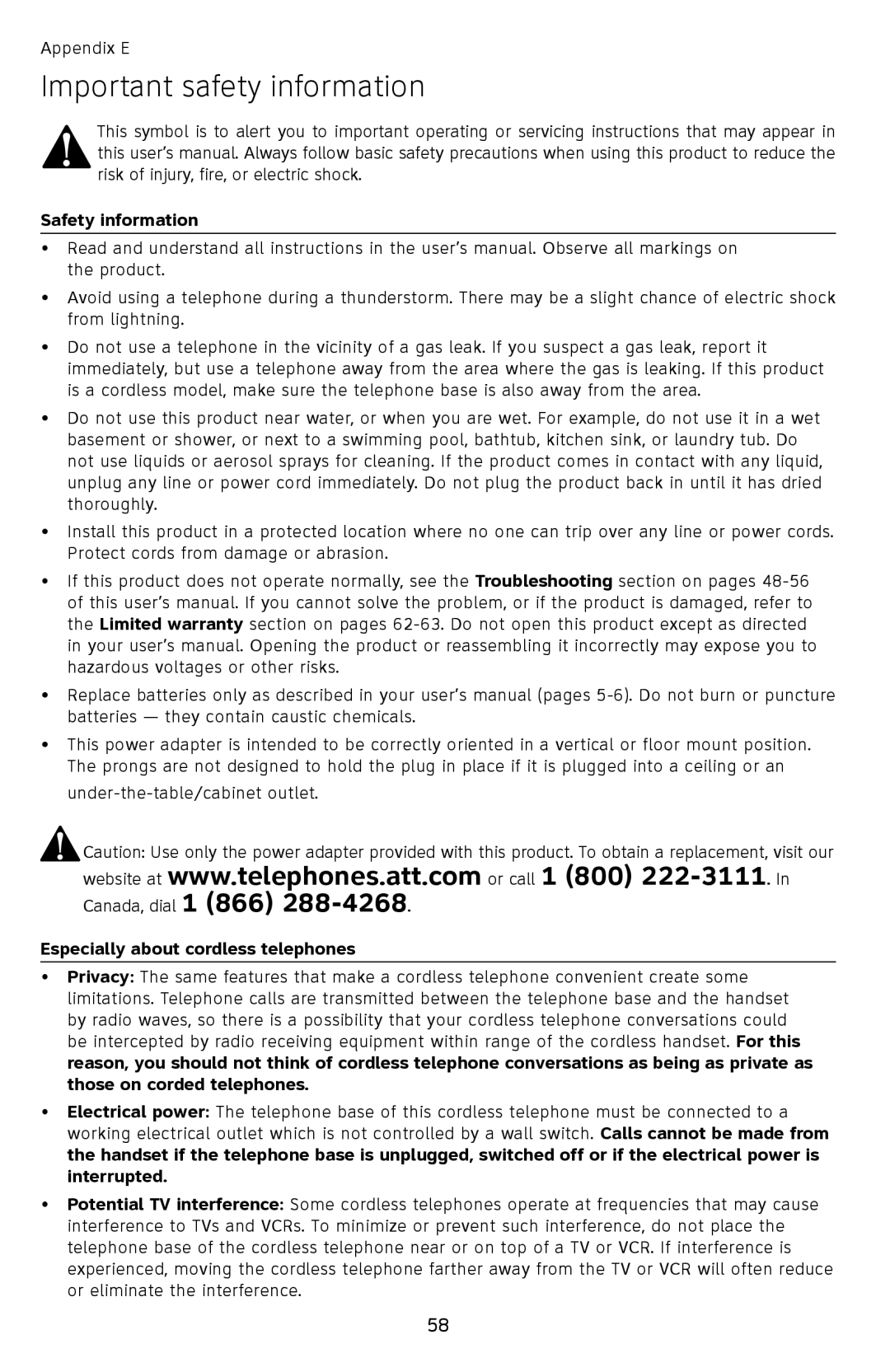 AT&T EL52259, EL52409, EL52459 Important safety information, Safety information, Especially about cordless telephones 