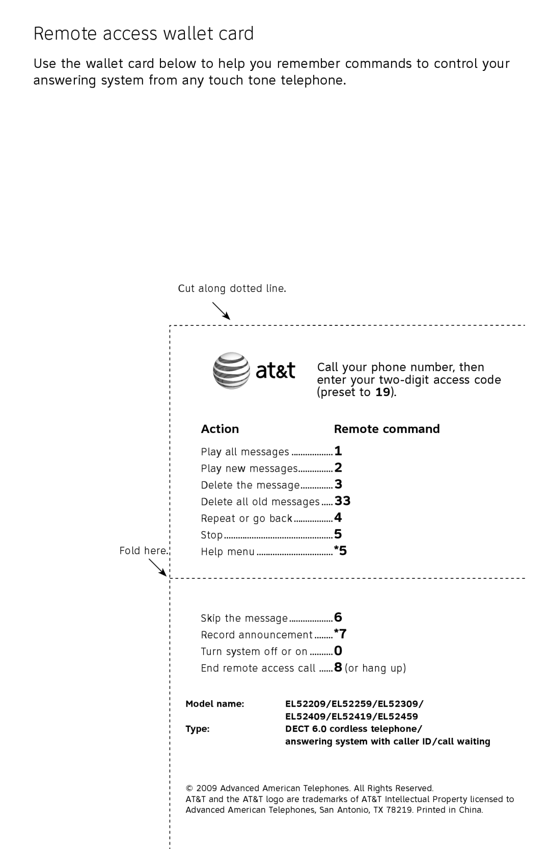 AT&T EL52409, EL52459, EL52419, EL52259, EL52209, EL52309 user manual Remote access wallet card, Fold here, Or hang up 