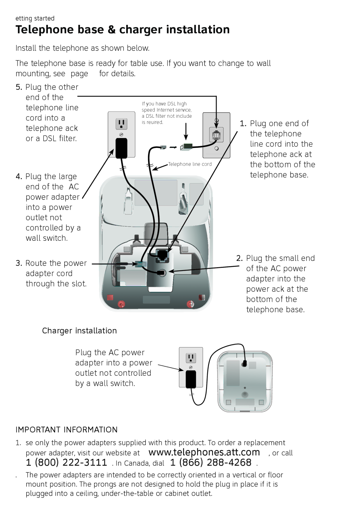 AT&T EL52259, EL52409, EL52459, EL52419 Telephone base & charger installation, Charger installation, Important Information 