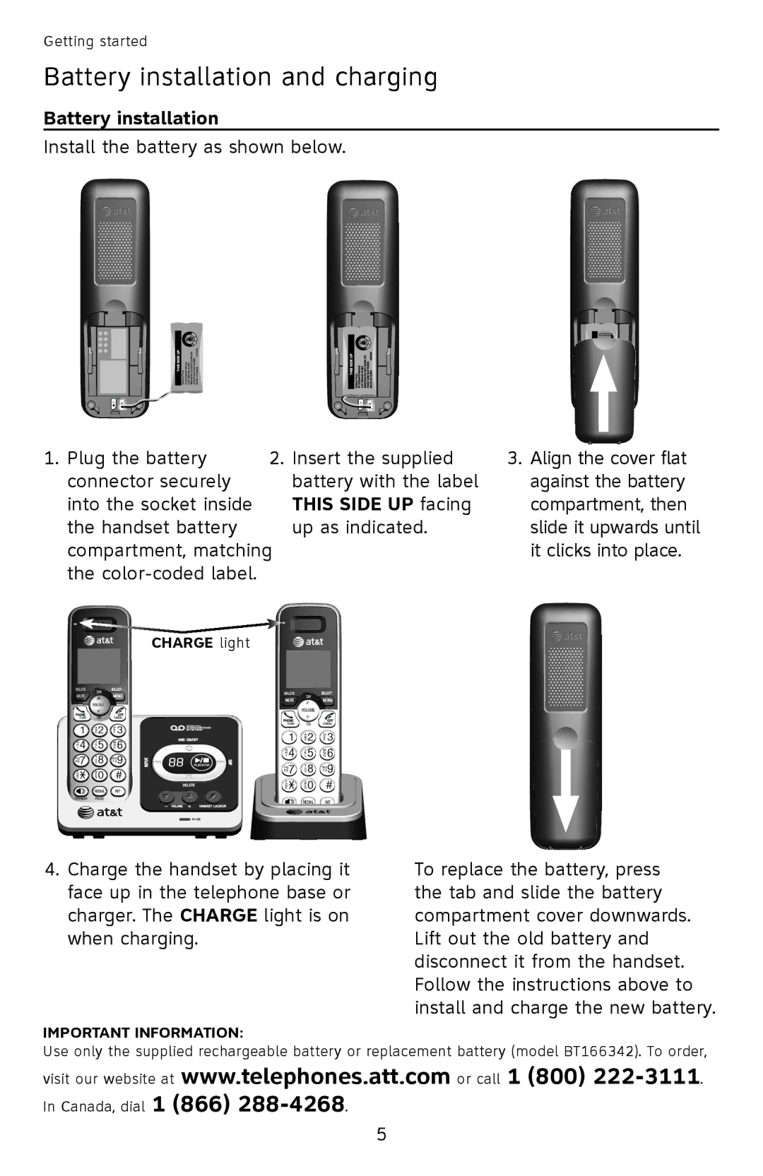 AT&T EL52501 user manual Battery installation and charging, This side up facing, Charge light 