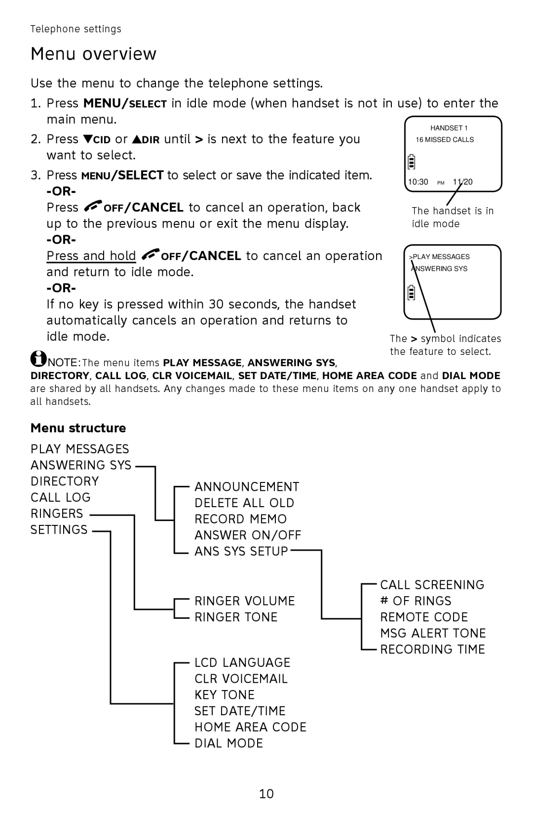 AT&T EL52501 user manual Menu overview, Menu structure 