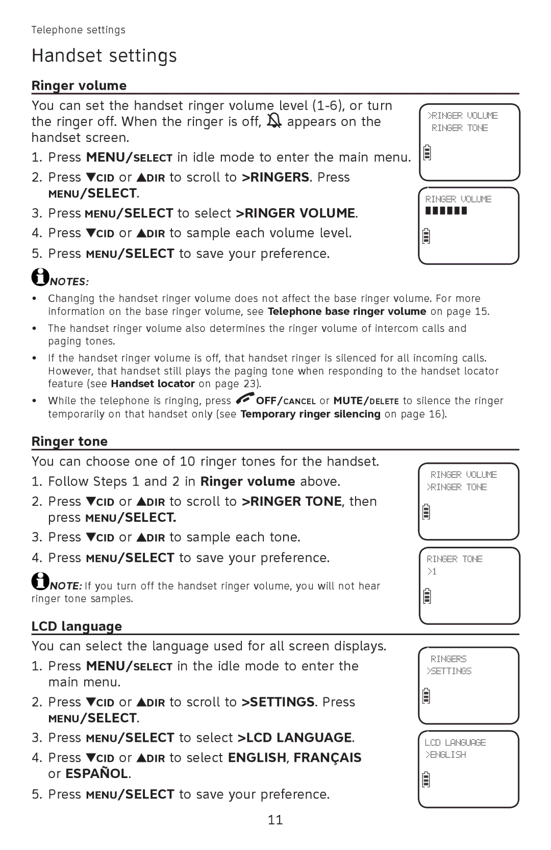 AT&T EL52501 user manual Handset settings 