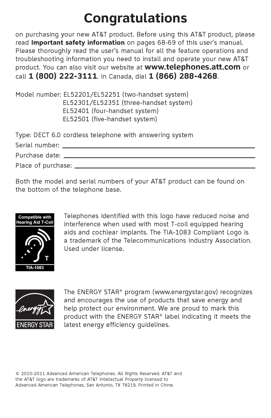 AT&T EL52501 user manual Congratulations 