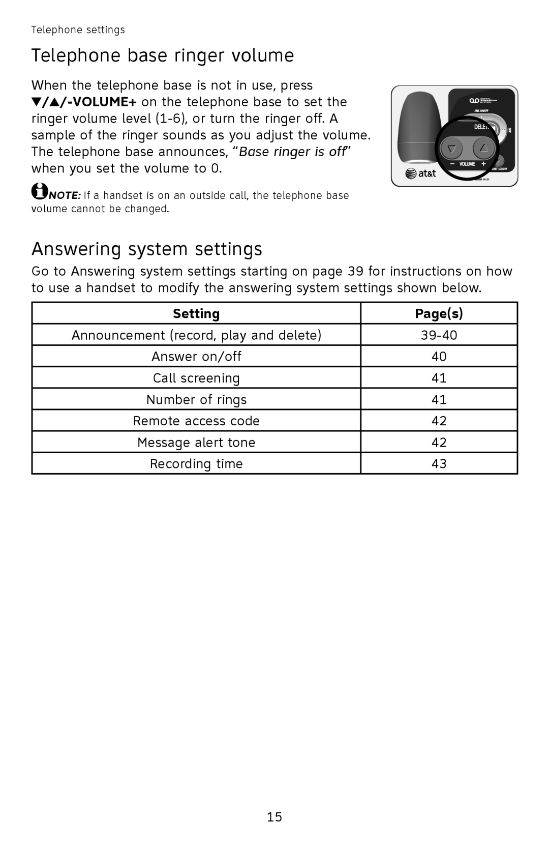 AT&T EL52501 user manual Telephone base ringer volume, Answering system settings, Setting Pages 