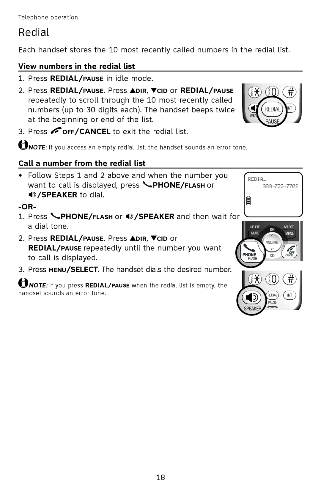 AT&T EL52501 user manual Redial, View numbers in the redial list, Call a number from the redial list, Speaker to dial 