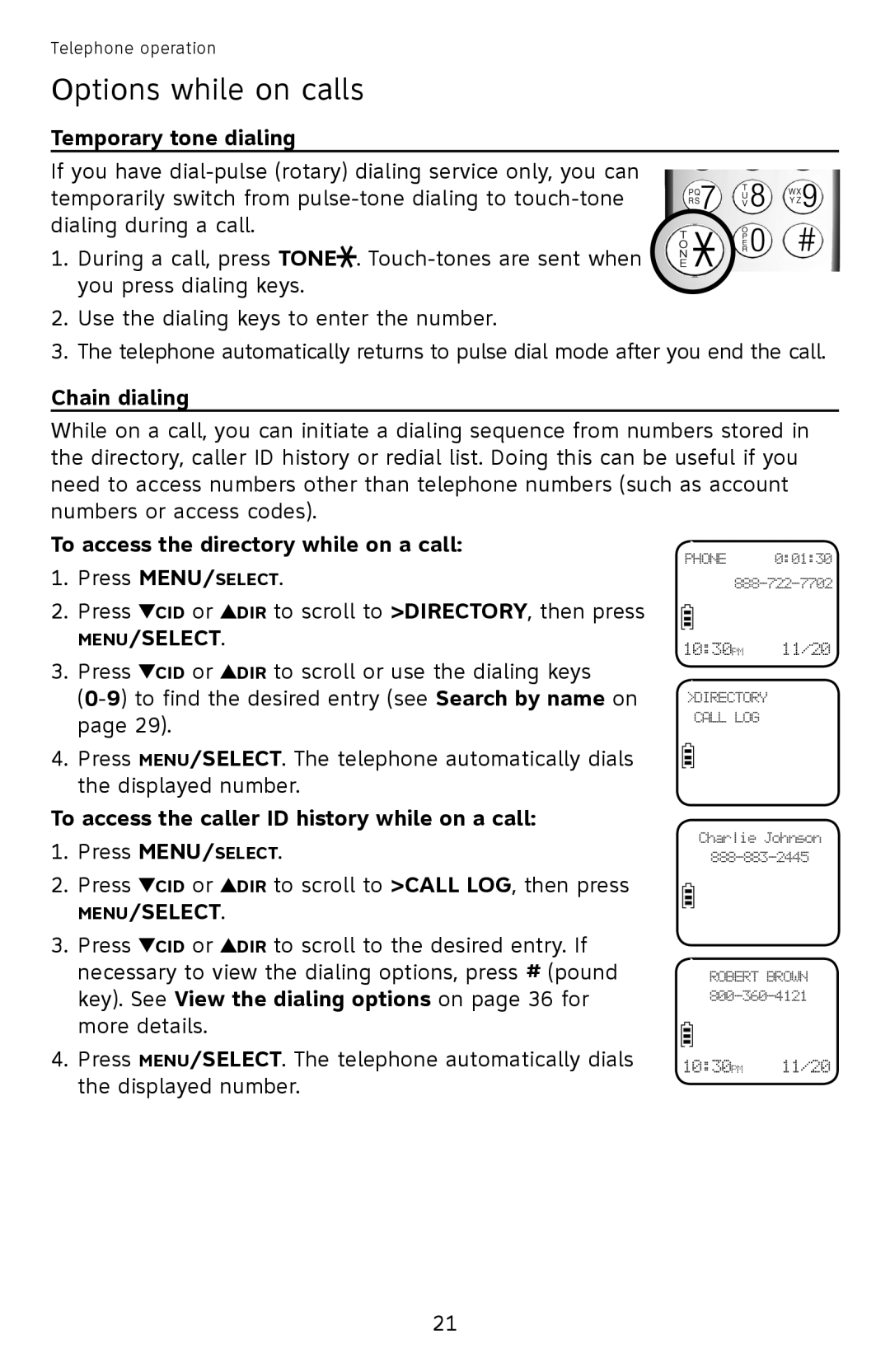 AT&T EL52501 user manual Temporary tone dialing, Chain dialing, To access the directory while on a call 