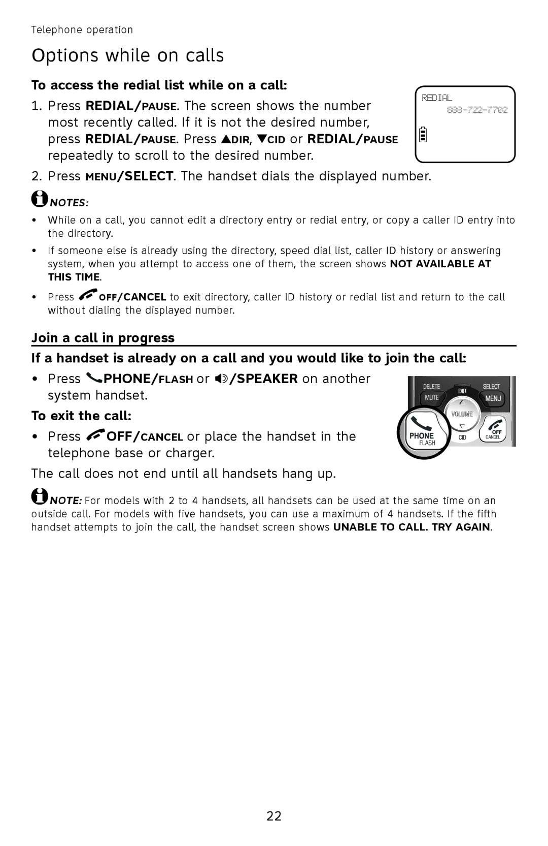 AT&T EL52501 user manual To access the redial list while on a call, To exit the call 