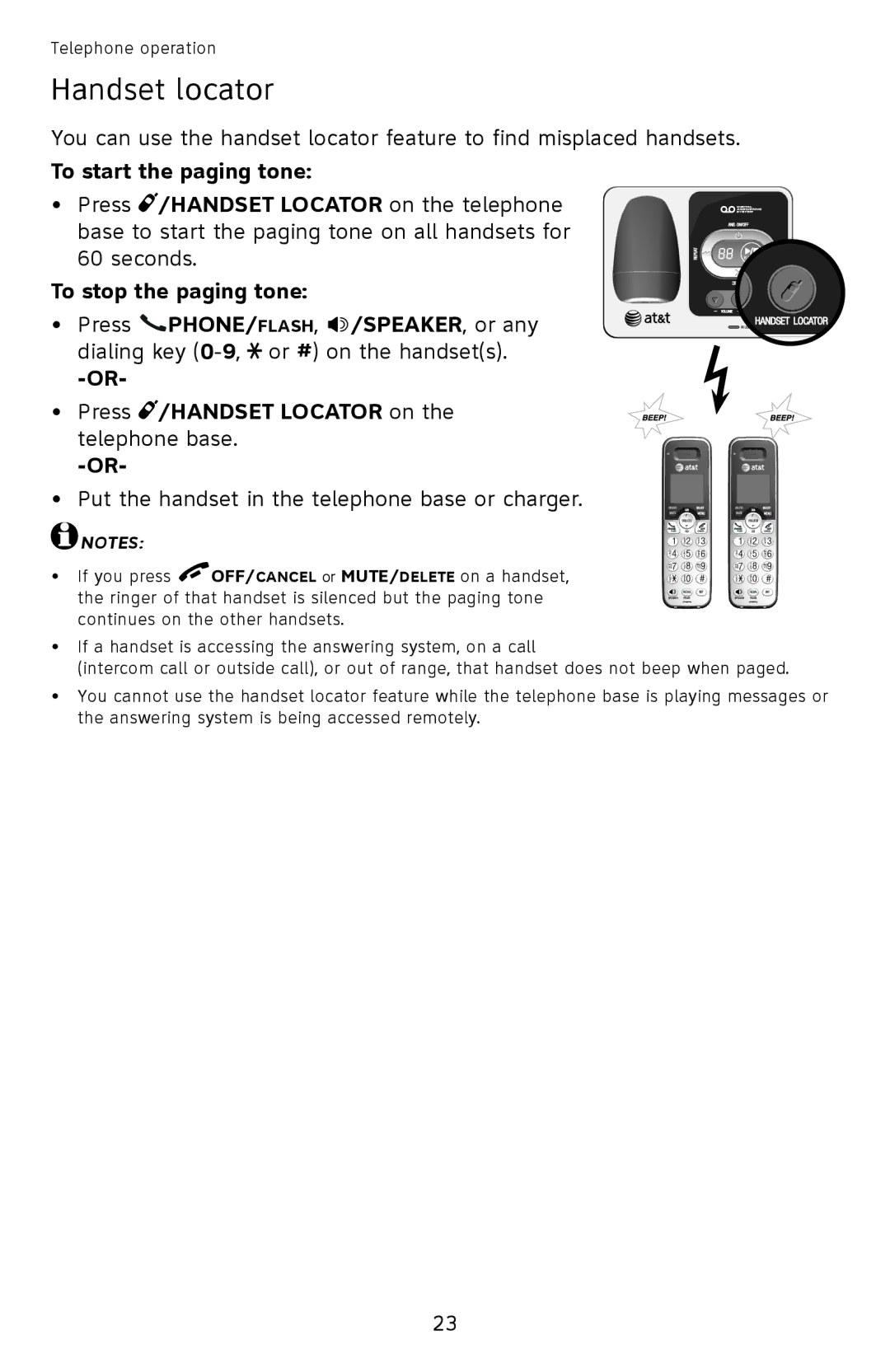 AT&T EL52501 user manual Handset locator, To start the paging tone, To stop the paging tone 