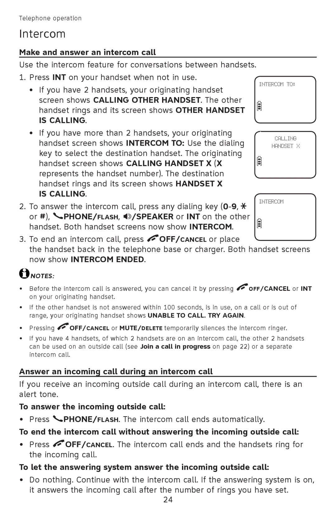 AT&T EL52501 user manual Intercom, Make and answer an intercom call, Answer an incoming call during an intercom call 