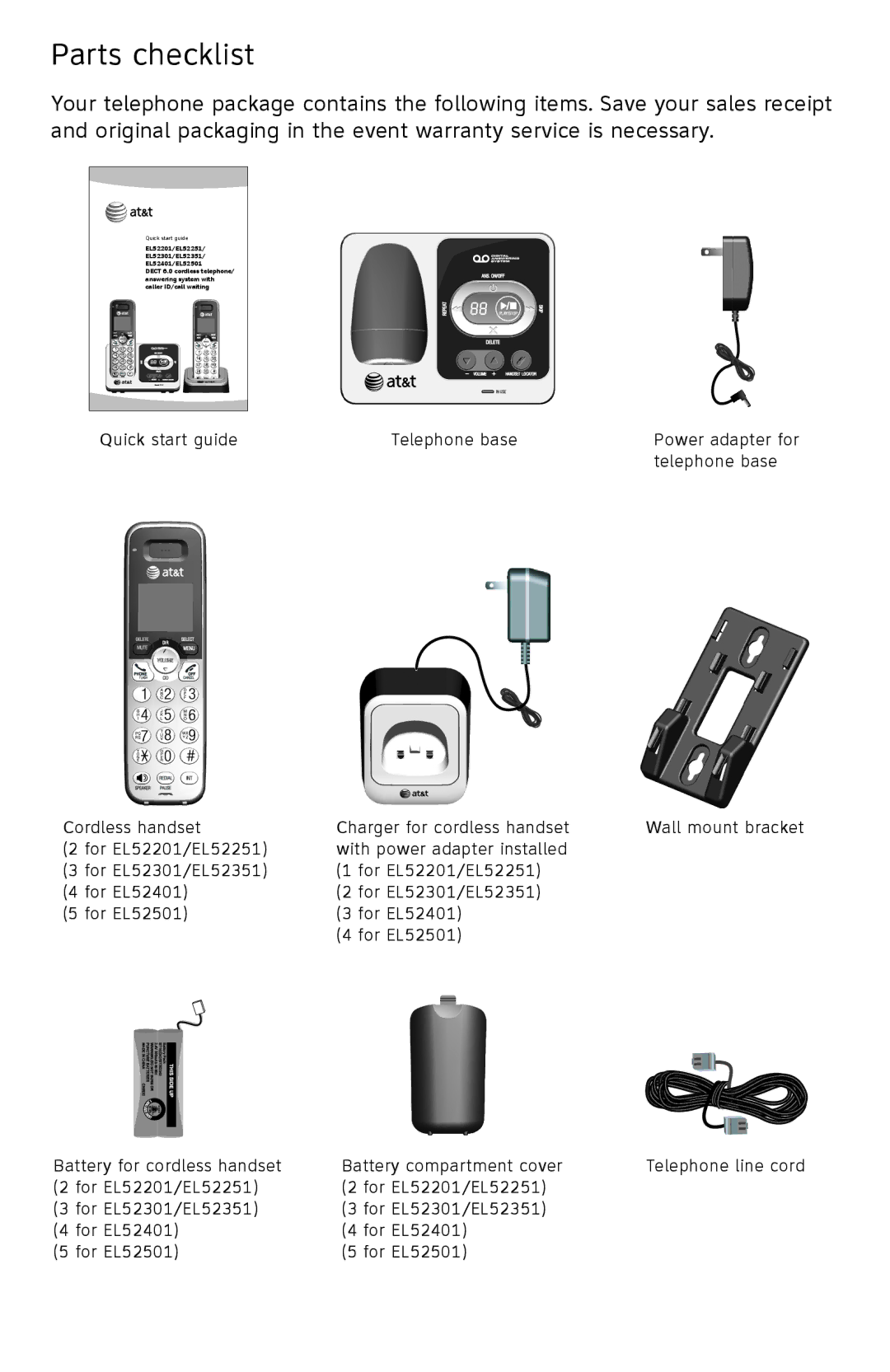 AT&T EL52501 user manual Parts checklist 