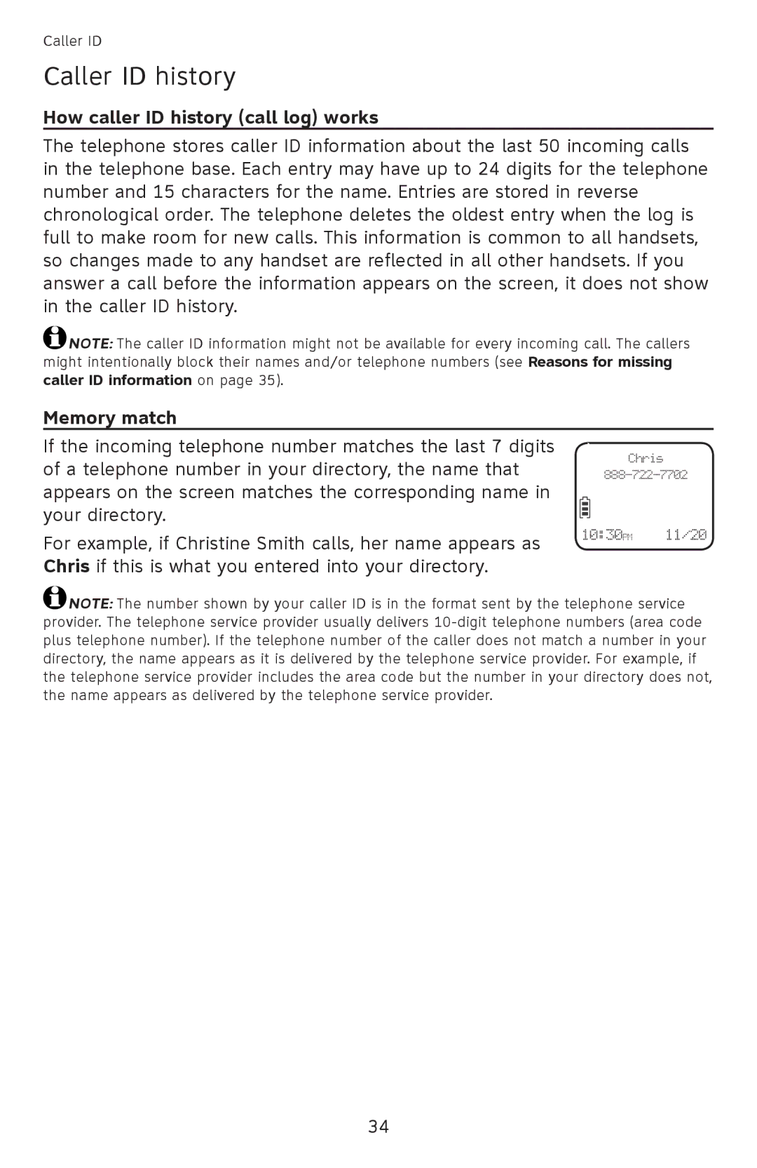 AT&T EL52501 user manual Caller ID history, How caller ID history call log works, Memory match 