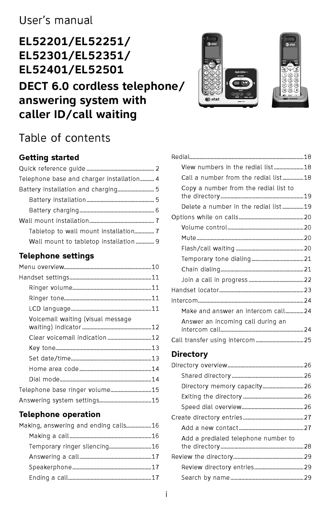 AT&T user manual EL52201/EL52251 EL52301/EL52351 EL52401/EL52501, Table of contents 