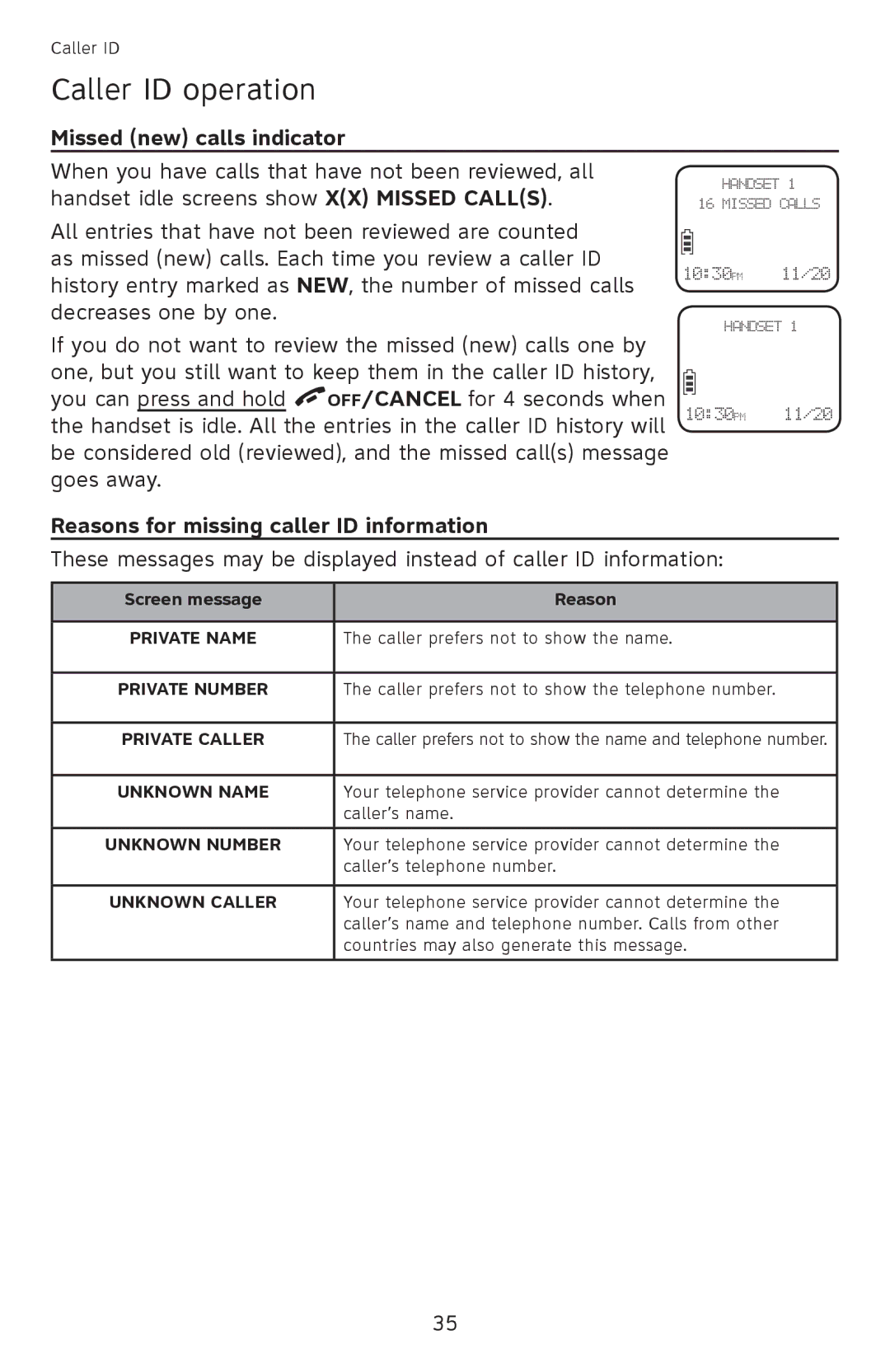 AT&T EL52501 user manual Caller ID operation, Missed new calls indicator, Reasons for missing caller ID information 