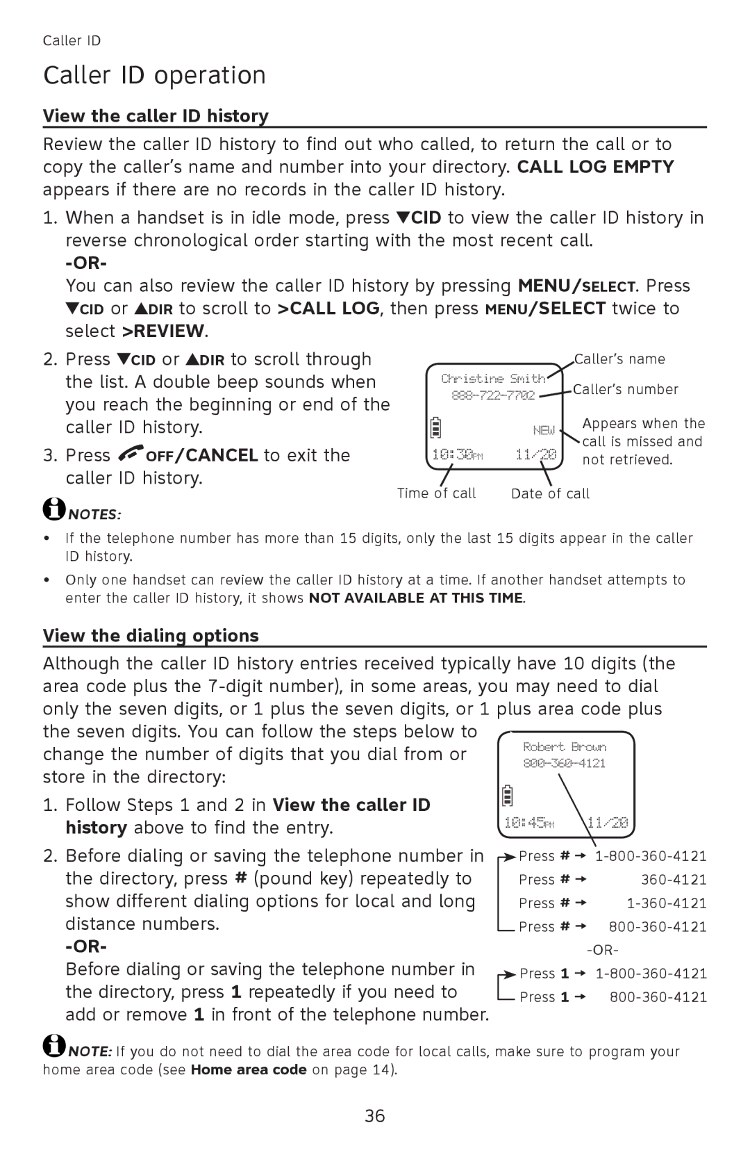 AT&T EL52501 user manual View the caller ID history, View the dialing options 