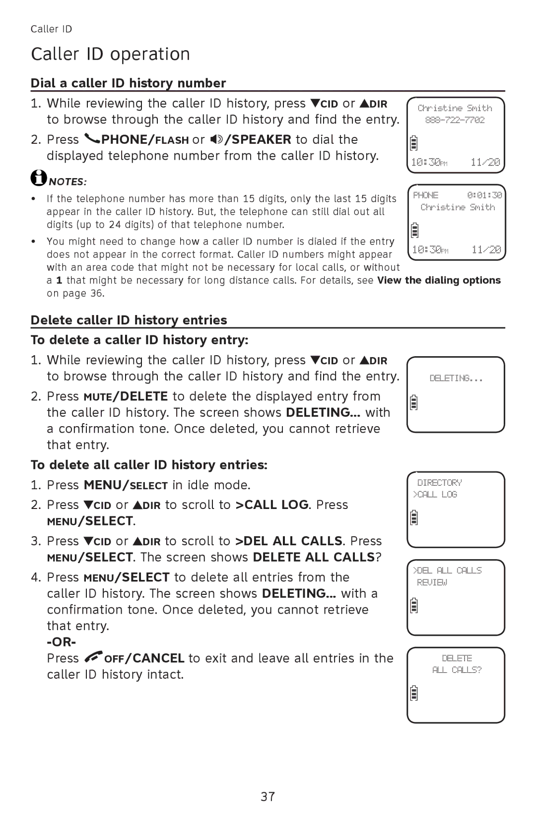 AT&T EL52501 user manual Dial a caller ID history number, To delete all caller ID history entries, Menu/select 