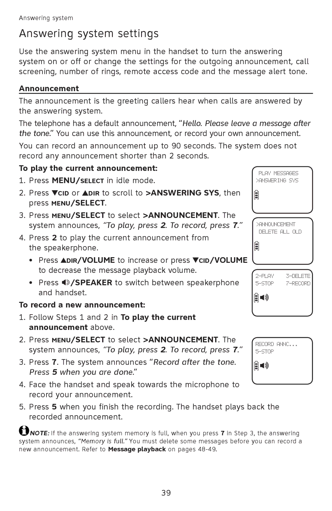 AT&T EL52501 user manual To play the current announcement, To record a new announcement, Announcement above 