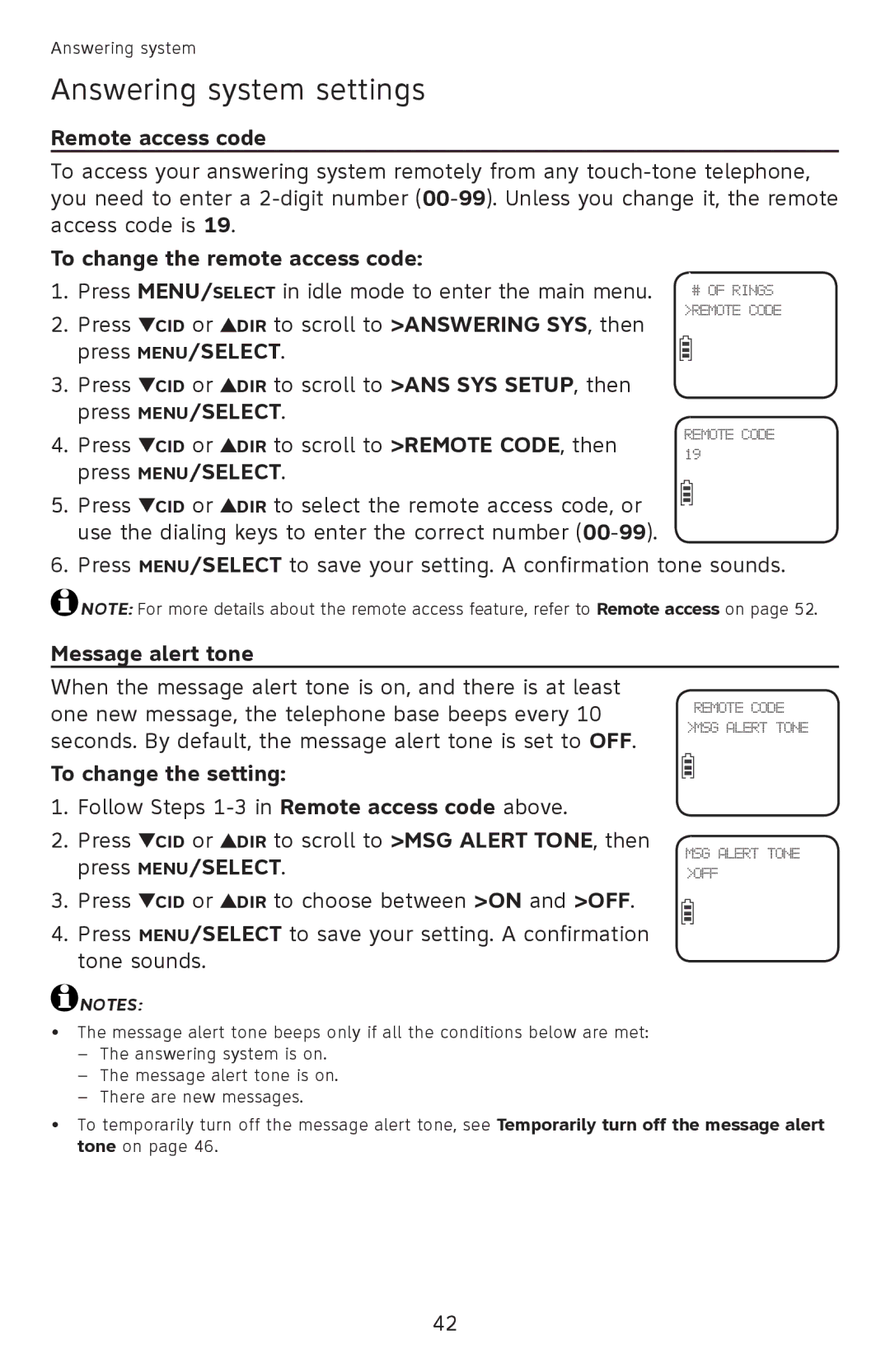 AT&T EL52501 user manual Remote access code, To change the remote access code, Message alert tone, To change the setting 