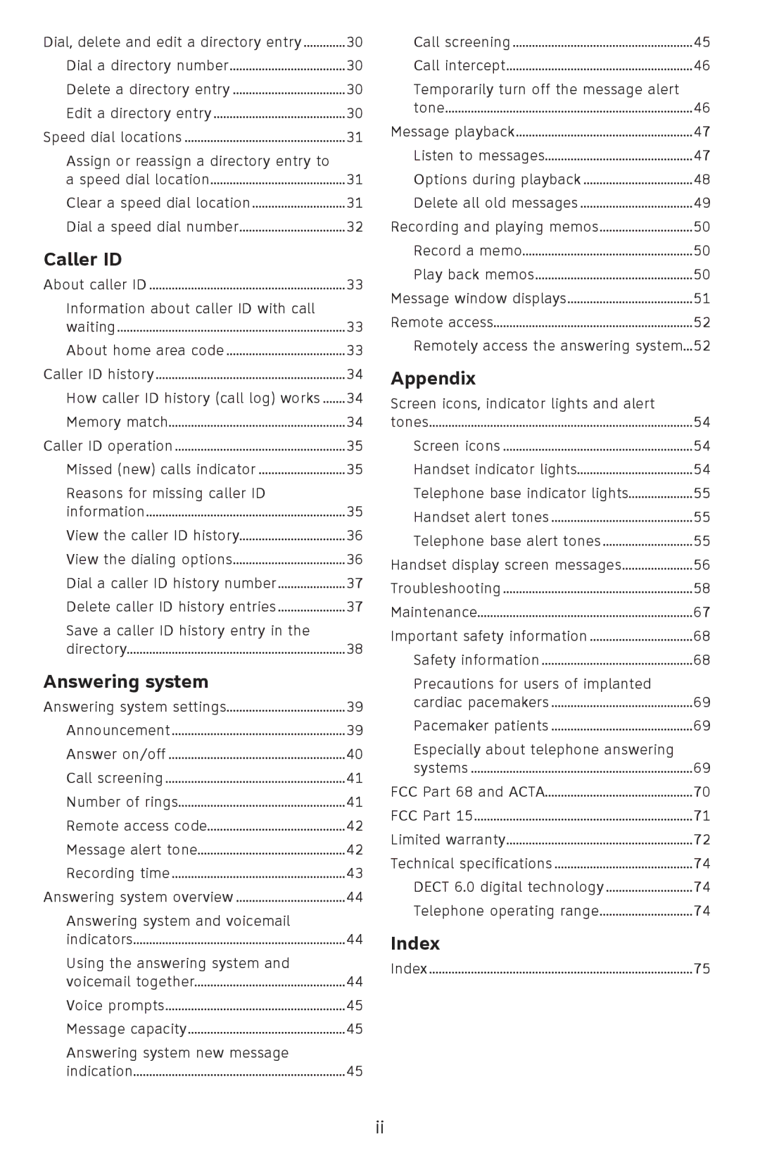 AT&T EL52501 user manual Caller ID, Answering system, Appendix, Index 