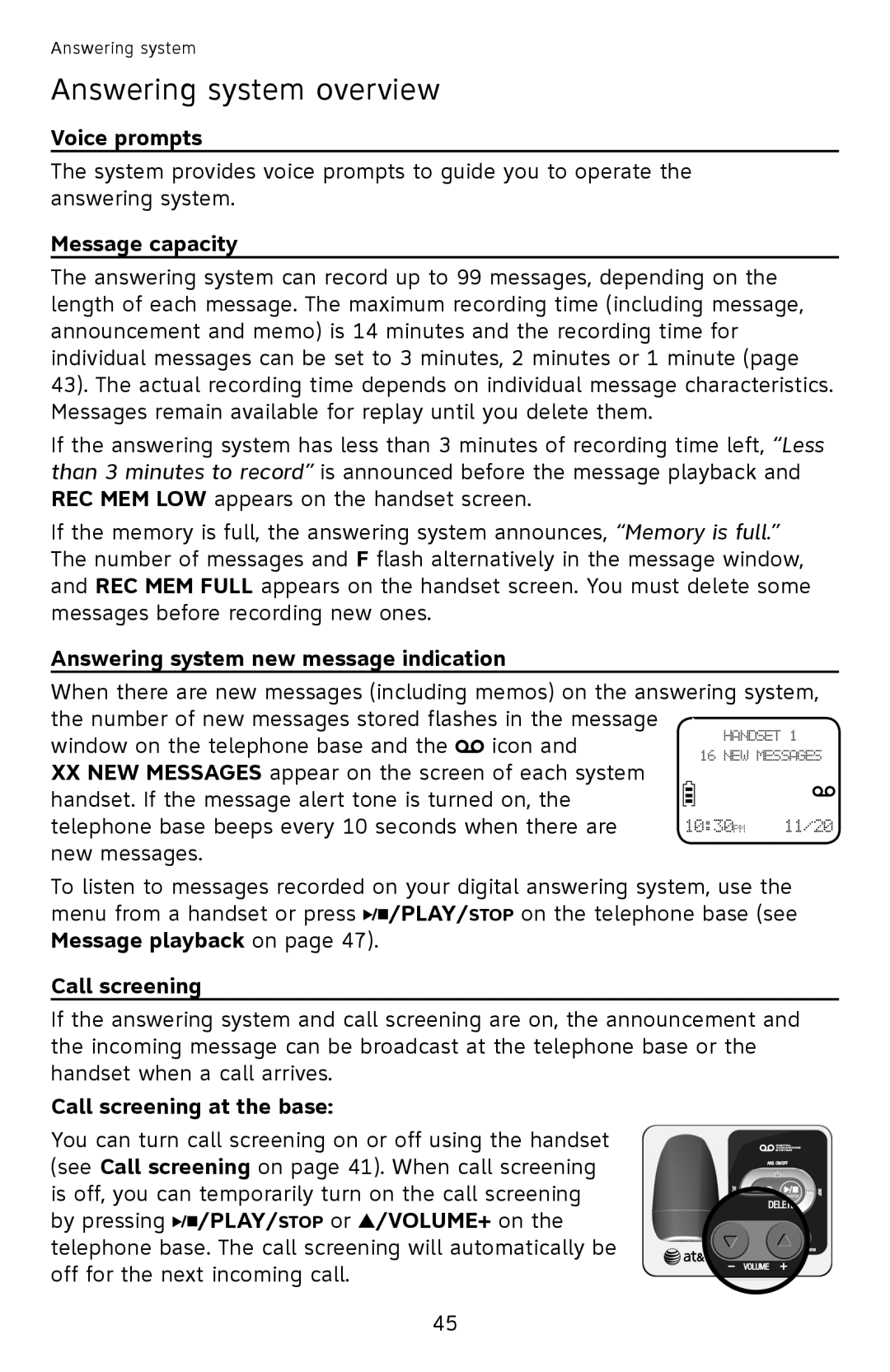 AT&T EL52501 Voice prompts, Message capacity, Answering system new message indication, Call screening at the base 