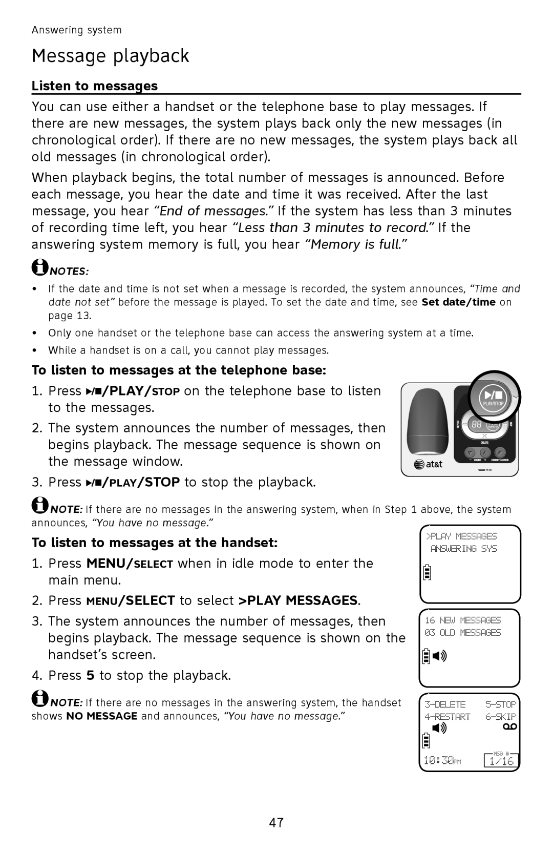 AT&T EL52501 user manual Message playback, Listen to messages, To listen to messages at the telephone base 