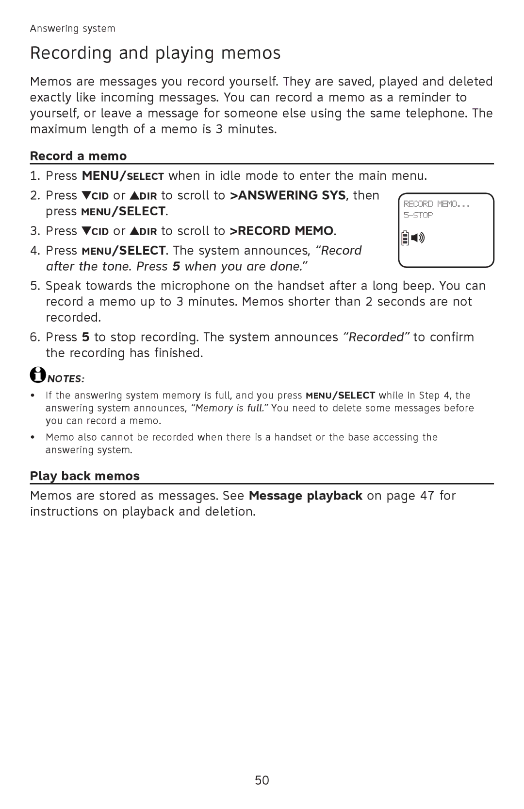 AT&T EL52501 user manual Recording and playing memos, Record a memo, Play back memos 