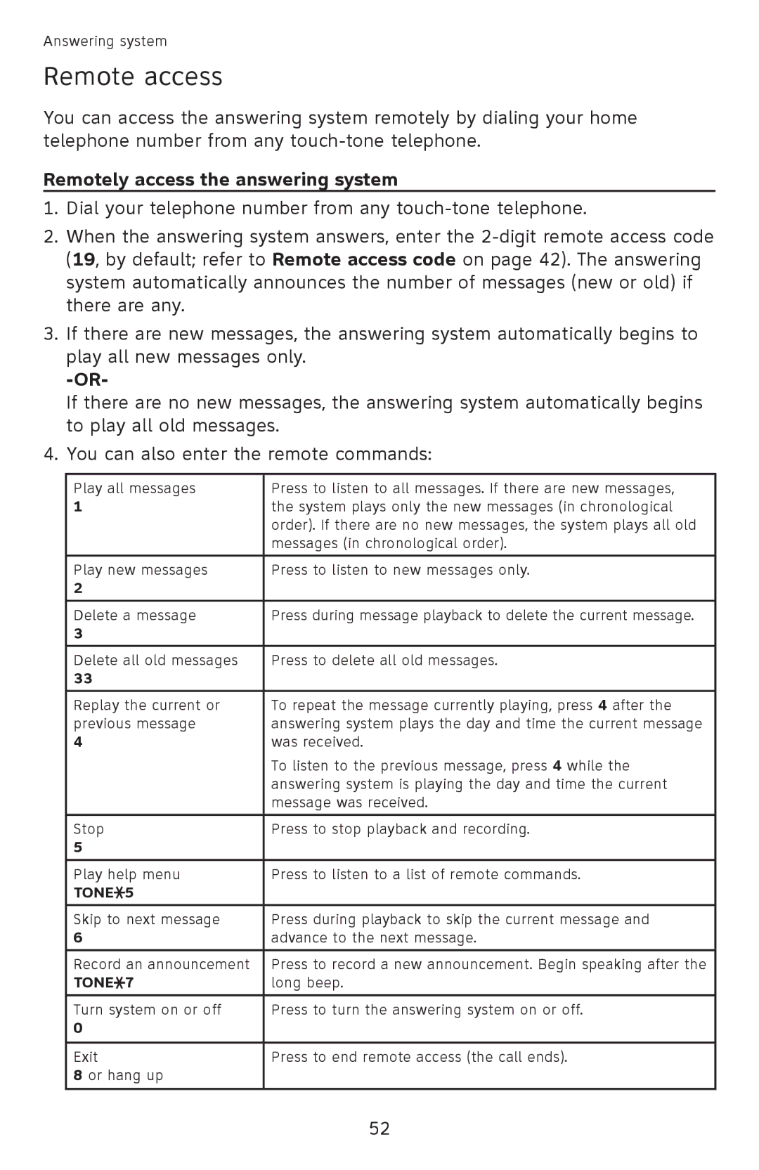 AT&T EL52501 user manual Remote access, Remotely access the answering system 