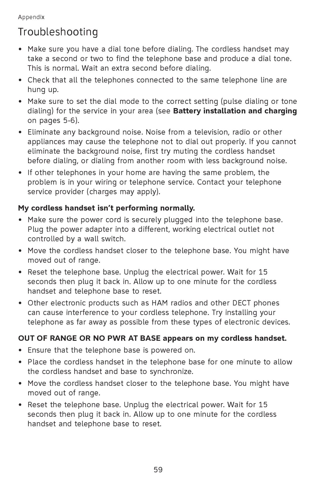 AT&T EL52501 user manual My cordless handset isn’t performing normally 