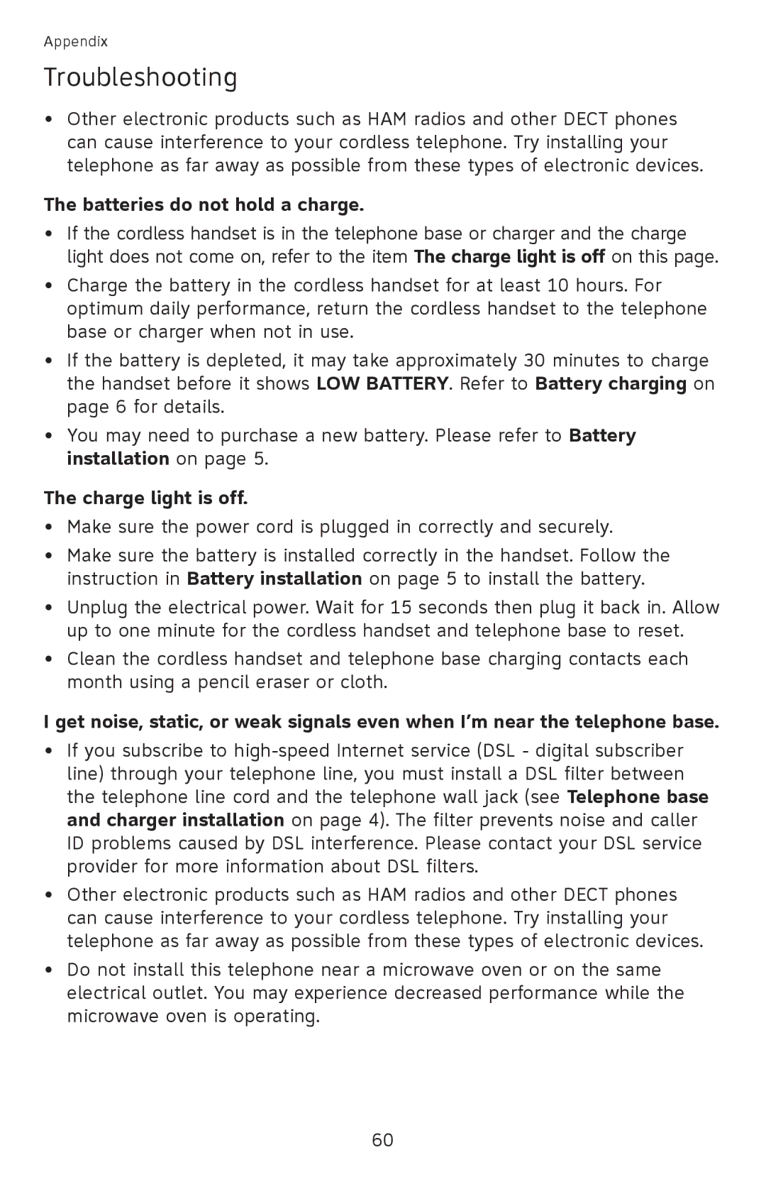 AT&T EL52501 user manual Batteries do not hold a charge, Charge light is off 