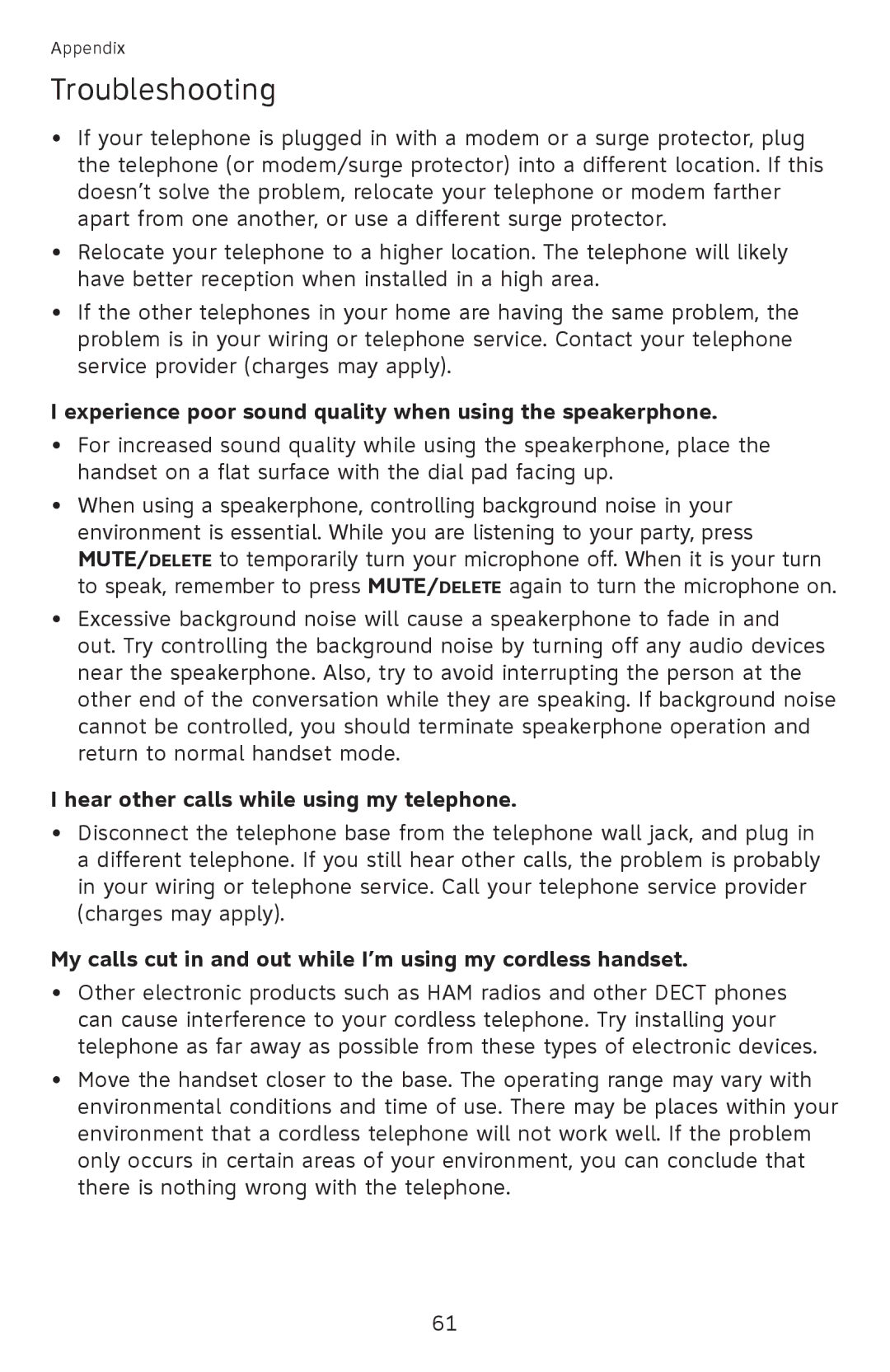 AT&T EL52501 Experience poor sound quality when using the speakerphone, Hear other calls while using my telephone 