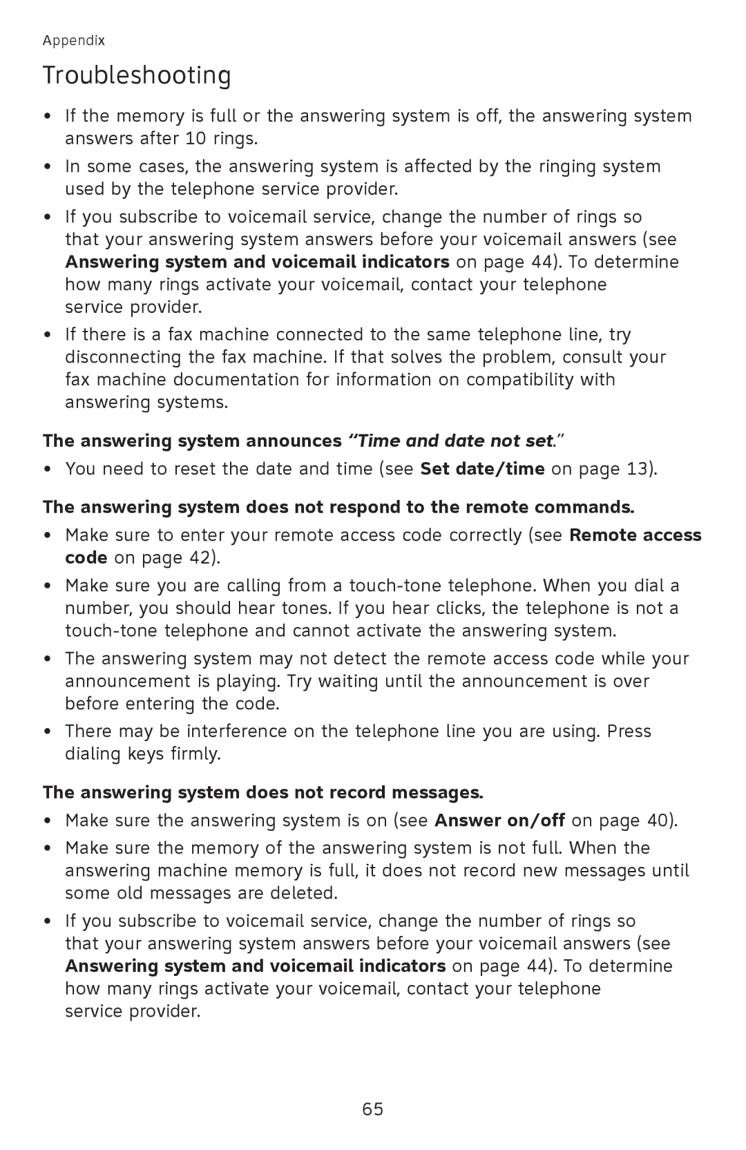 AT&T EL52501 Answering system announces Time and date not set, Answering system does not respond to the remote commands 