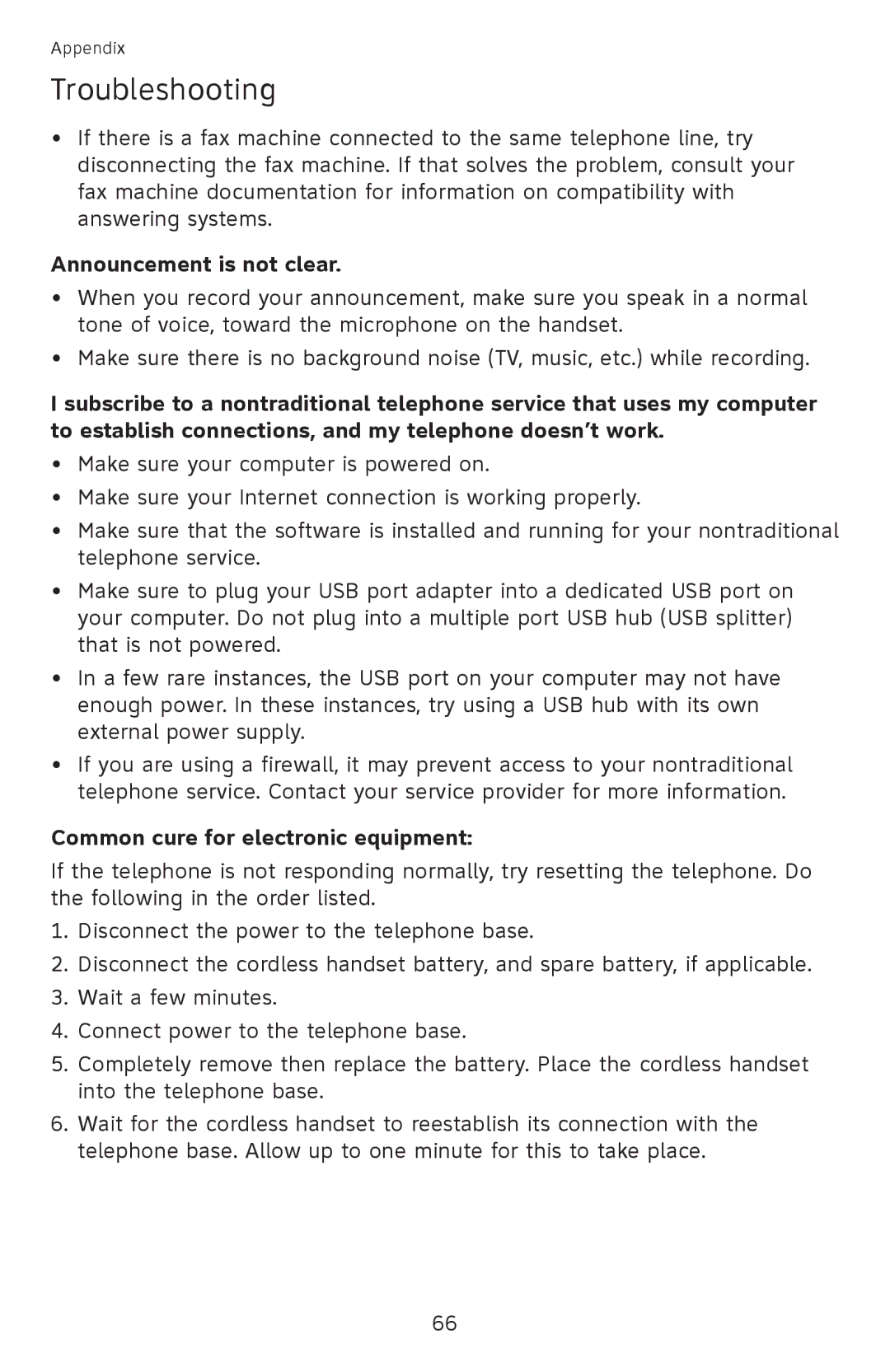 AT&T EL52501 user manual Announcement is not clear, Common cure for electronic equipment 