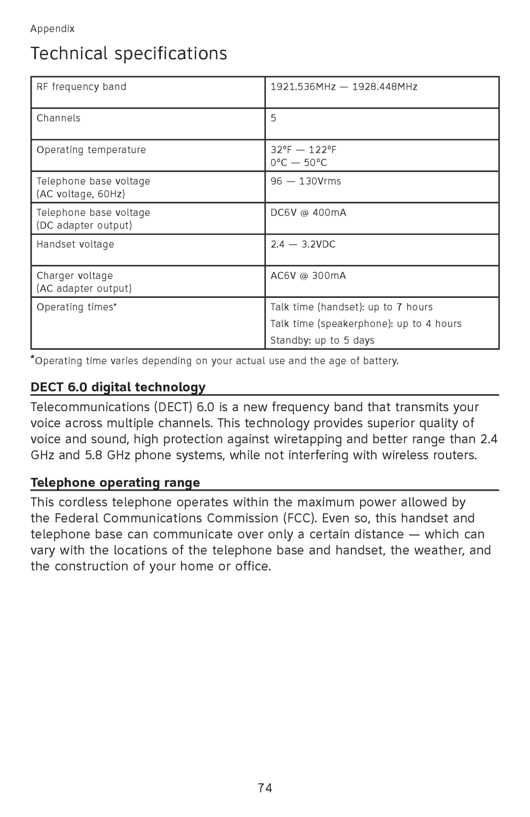 AT&T EL52501 user manual Technical specifications, Dect 6.0 digital technology, Telephone operating range 