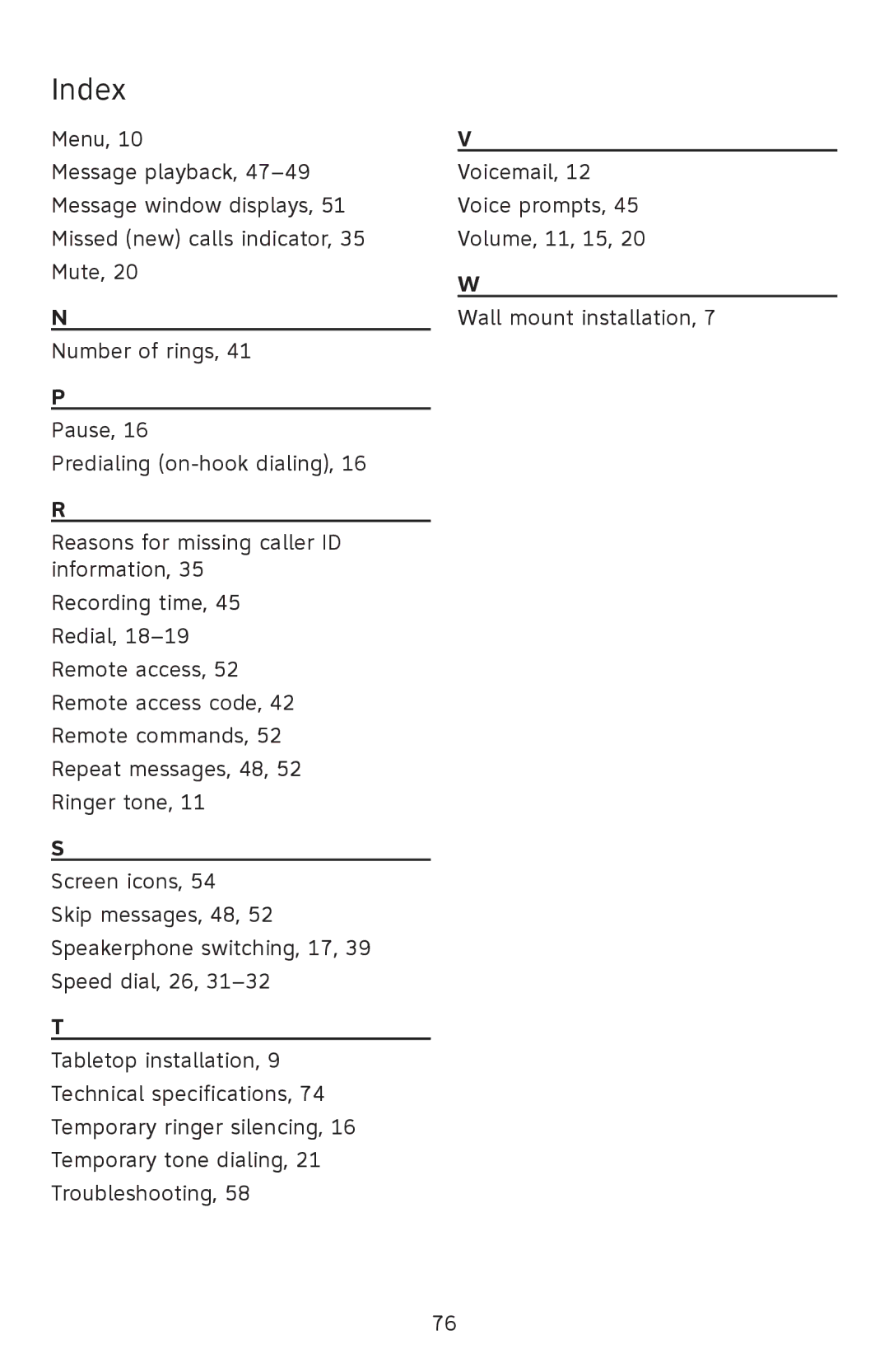 AT&T EL52501 user manual Index 