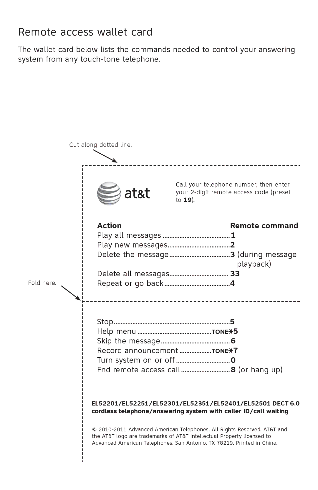 AT&T EL52501 user manual Remote access wallet card, Action, During message, Playback, Or hang up 