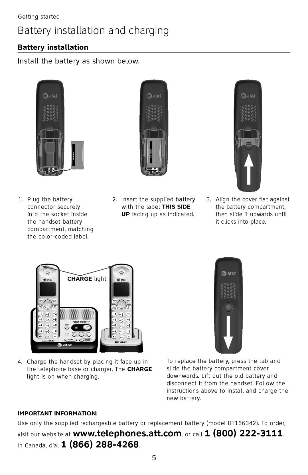 AT&T EL52500, EL52510, EL52450, EL52350, EL52300, EL52400, EL52200, EL52250 Battery installation and charging, Charge light 