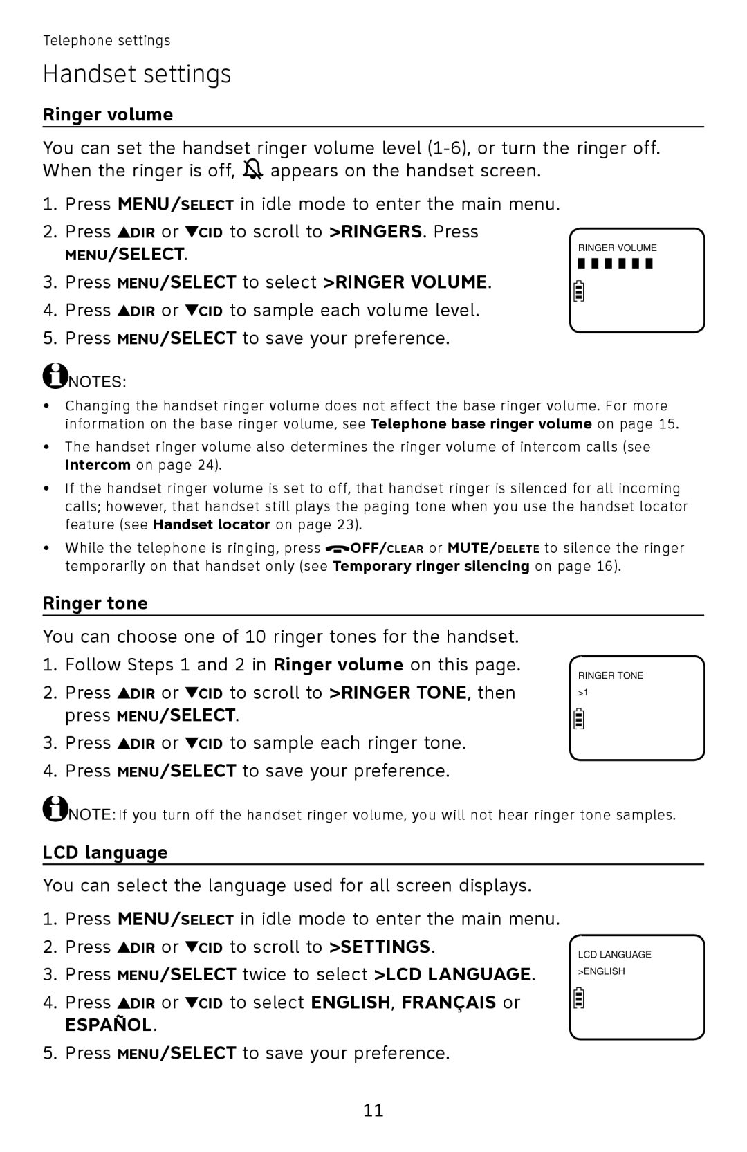 AT&T EL52250 Handset settings, Ringer volume, Press MENU/SELECT to select Ringer Volume, Ringer tone, LCD language 