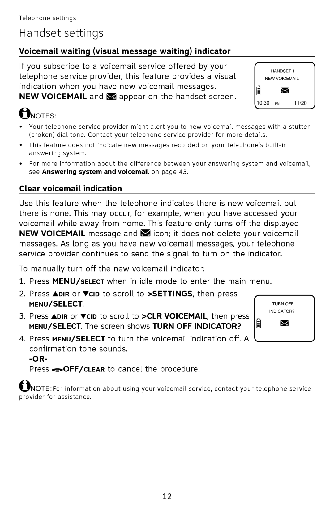 AT&T EL52210, EL52510, EL52500, EL52450 Voicemail waiting visual message waiting indicator, Clear voicemail indication 