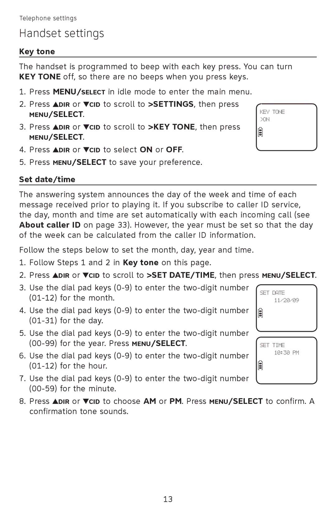 AT&T EL52510, EL52500, EL52450, EL52350, EL52300, EL52400, EL52200, EL52250, EL52210 user manual Key tone, Set date/time 