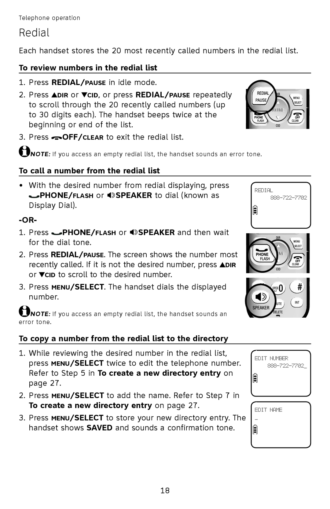 AT&T EL52400, EL52510, EL52500, EL52450, EL52350, EL52300, EL52200, EL52250, EL52210 user manual Redial 