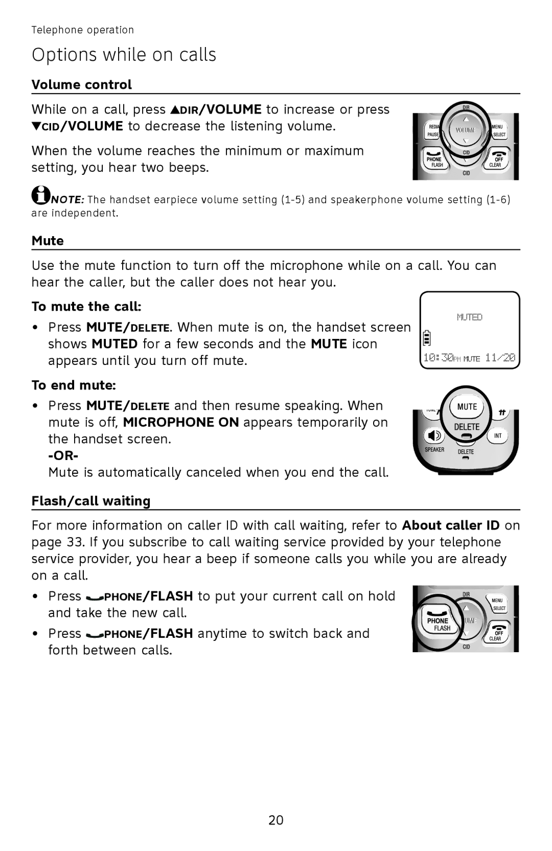 AT&T EL52250, EL52510, EL52500, EL52450, EL52350, EL52300, EL52400, EL52200, EL52210 user manual Options while on calls 